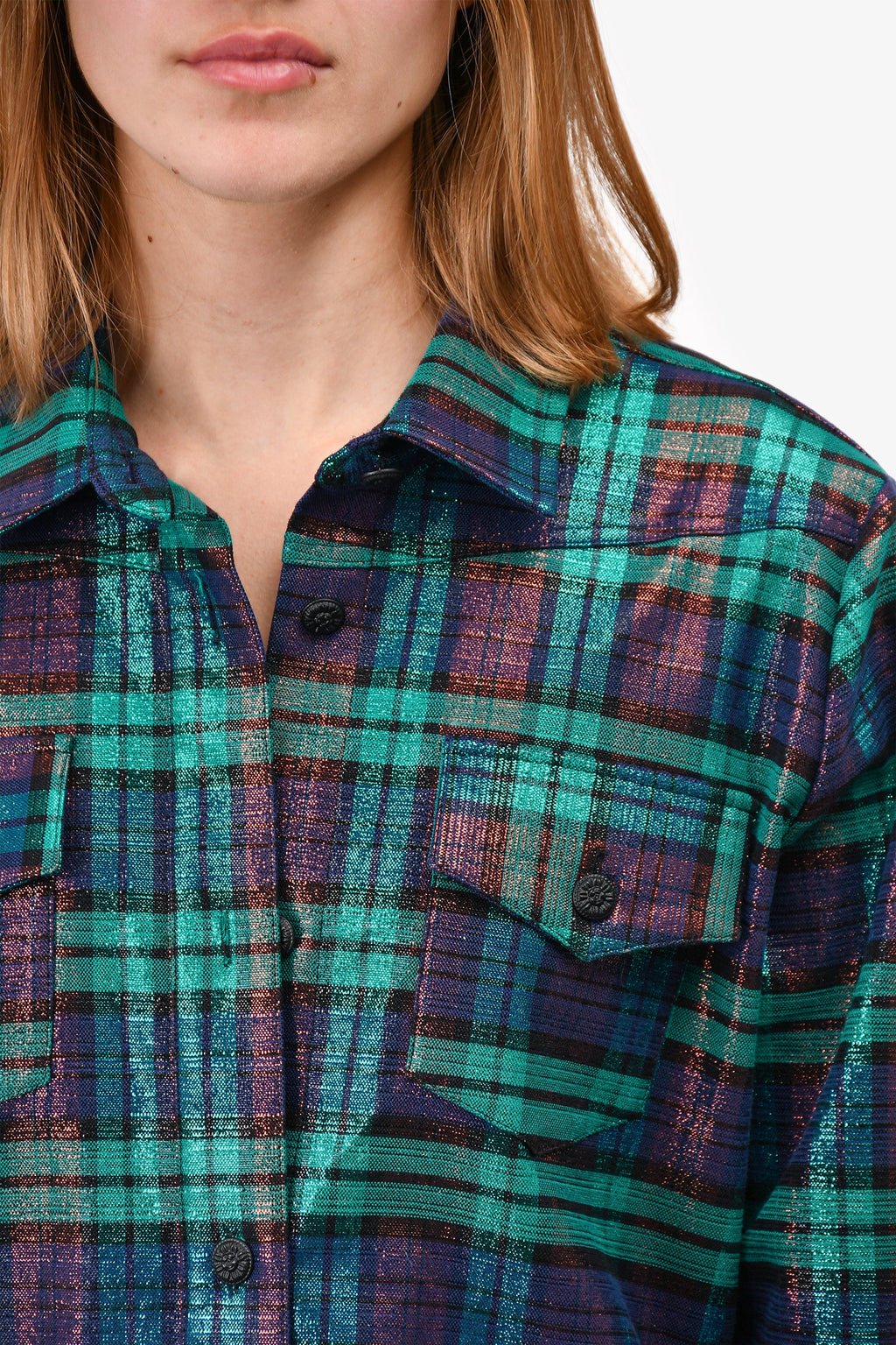 Off-White Blue/Teal Metallic Plaid Print 'Woman' Button Down Top Size XS