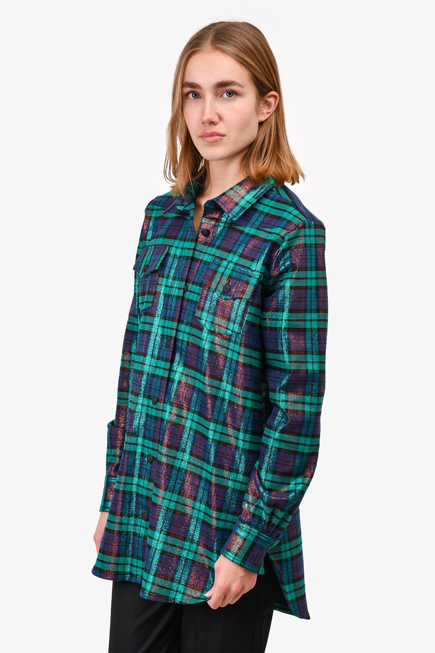 Off-White Blue/Teal Metallic Plaid Print 'Woman' Button Down Top Size XS