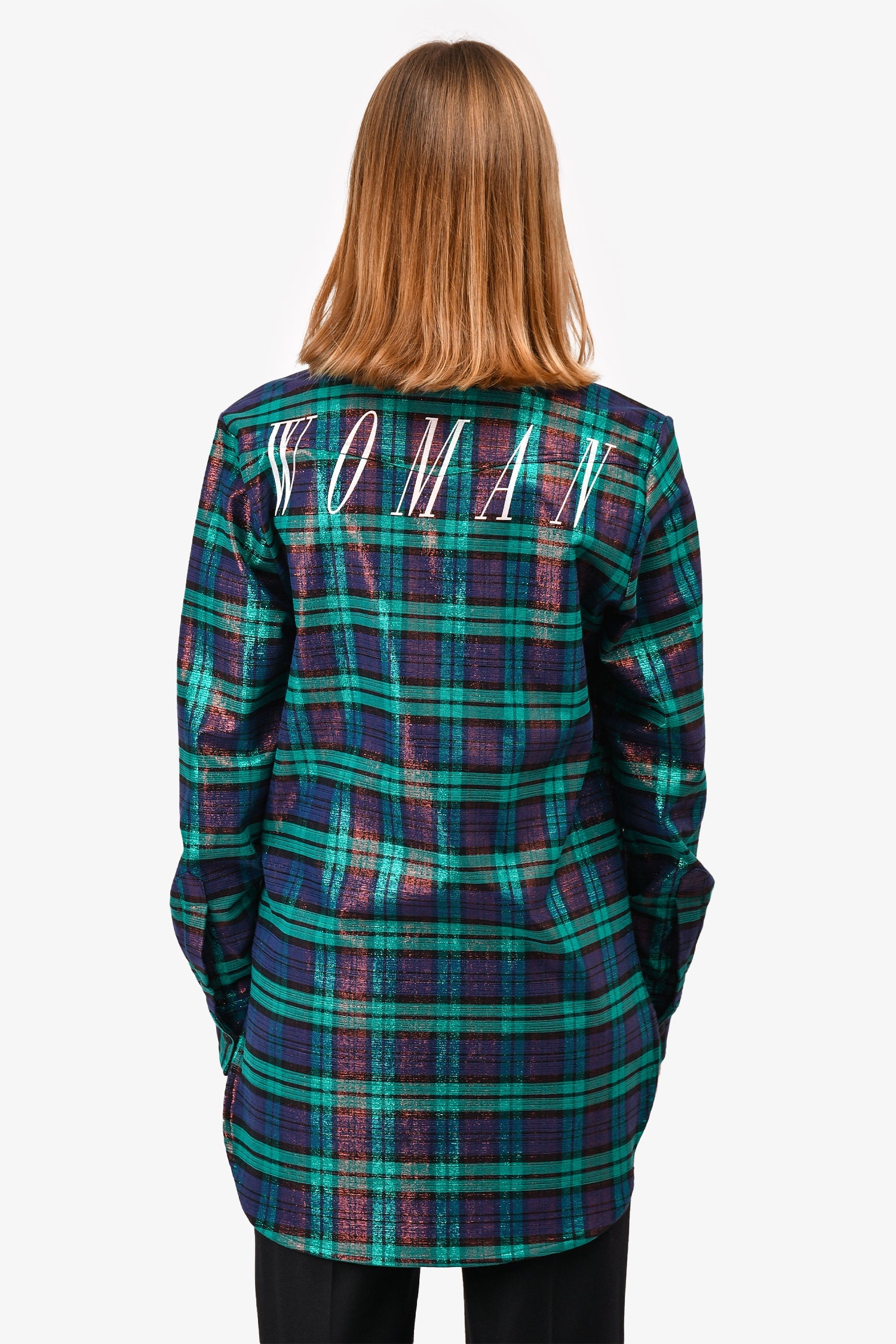 Off-White Blue/Teal Metallic Plaid Print 'Woman' Button Down Top Size XS