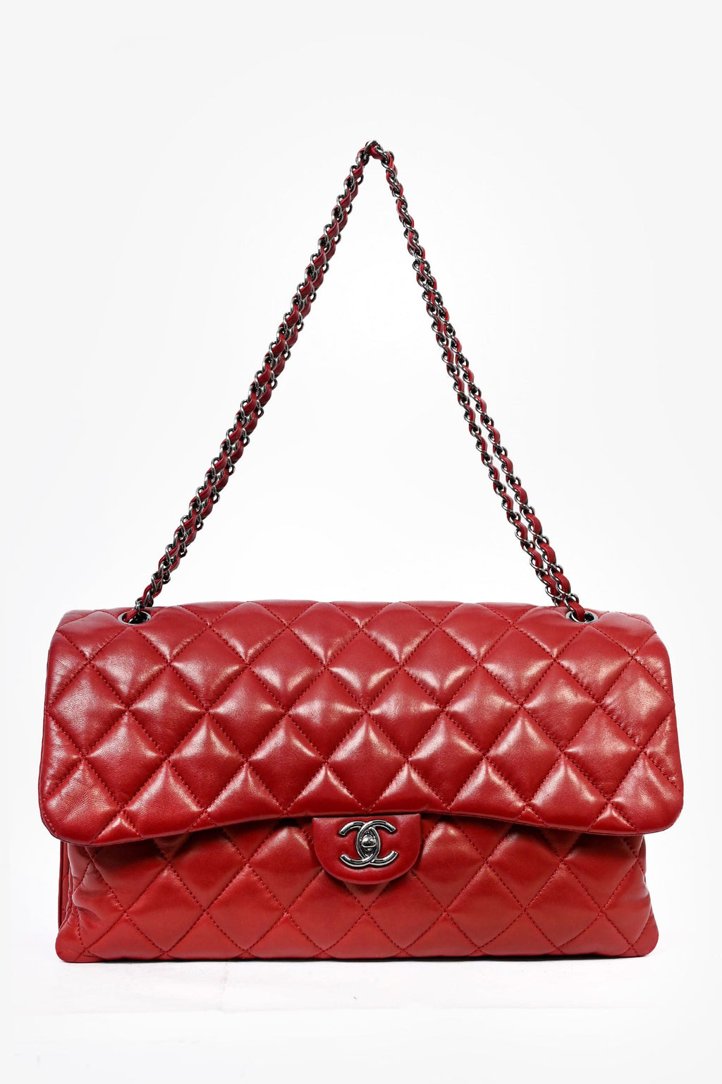 Pre-Loved™ Chanel 2011/12 Red Lambskin Leather Maxi 3 Accordion CC Flap Bag