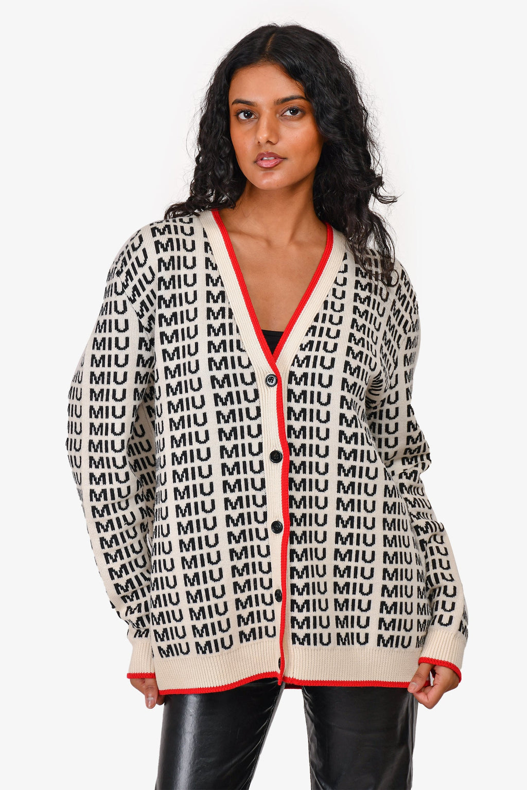Miu Miu Cream/Black Logo Printed Wool igan with Red Trim Size 40
