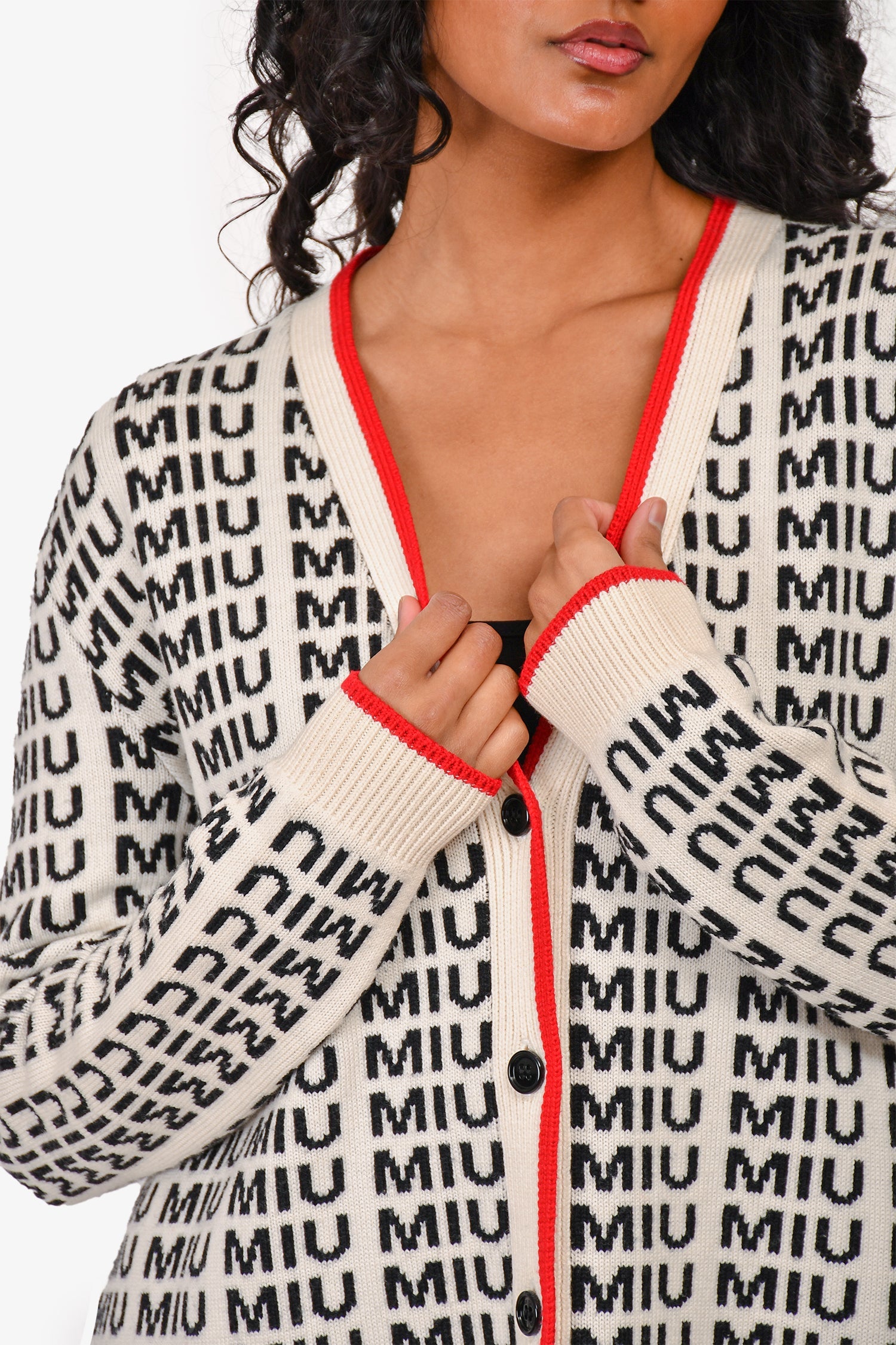 Miu Miu Cream/Black Logo Printed Wool igan with Red Trim Size 40