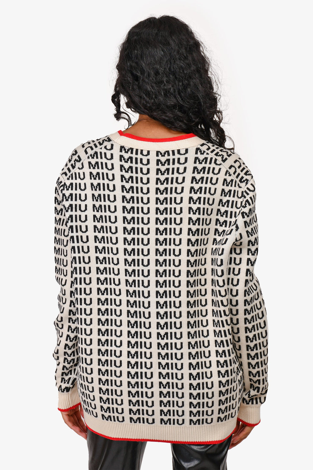 Miu Miu Cream/Black Logo Printed Wool igan with Red Trim Size 40