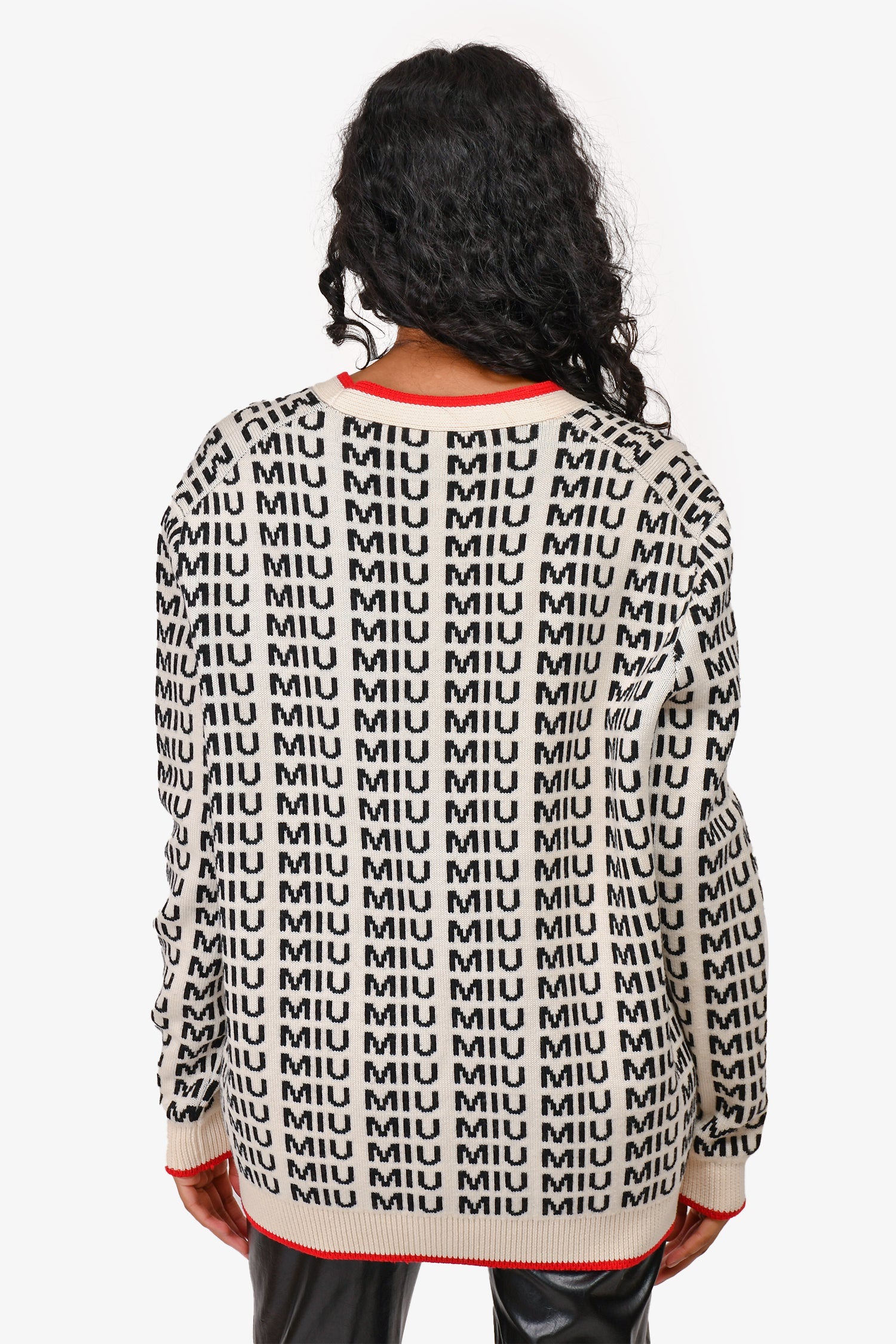 Miu Miu Cream/Black Logo Printed Wool igan with Red Trim Size 40