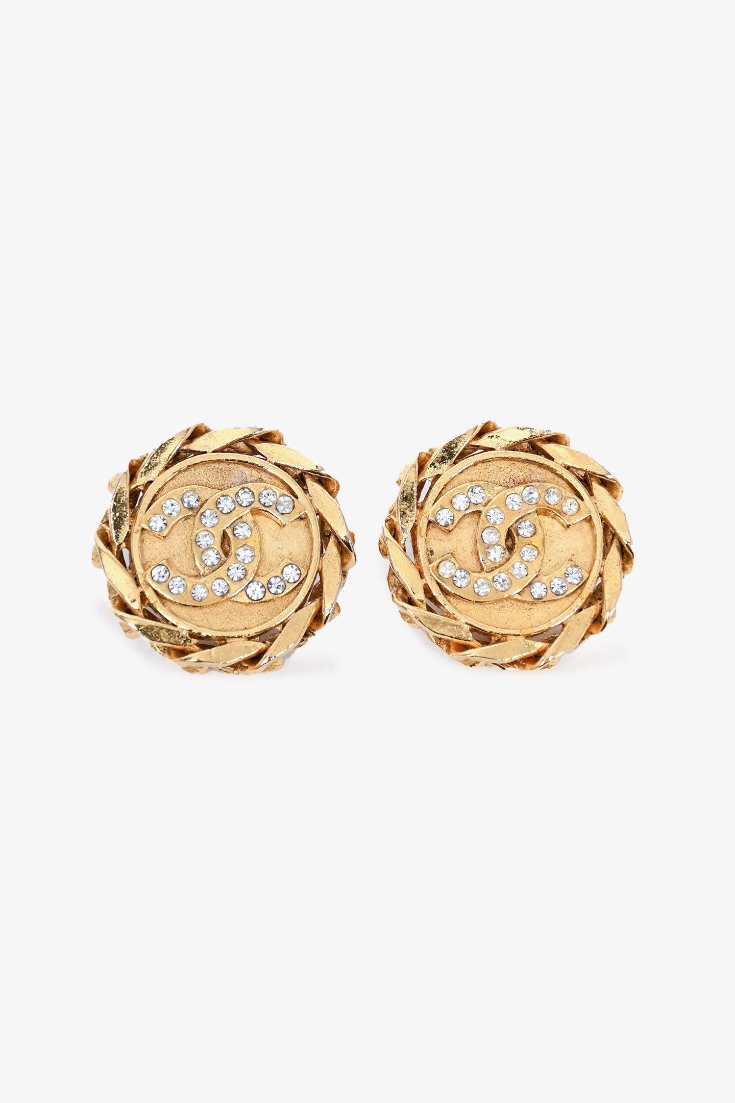 Pre-Loved Chanel™ 1984 Gold Tone CC Round Crystal Embellished Clip-On Earrings