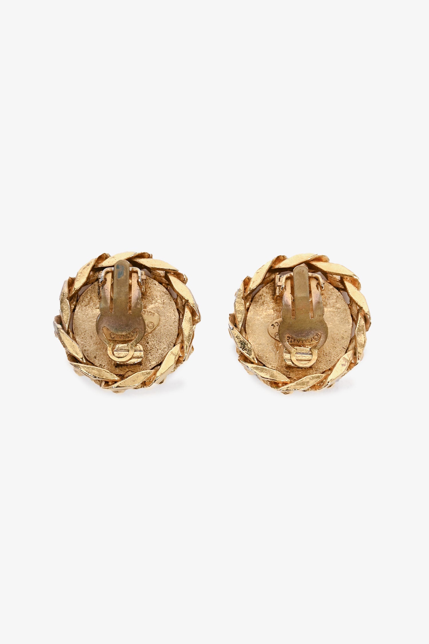 Pre-Loved Chanel™ 1984 Gold Tone CC Round Crystal Embellished Clip-On Earrings