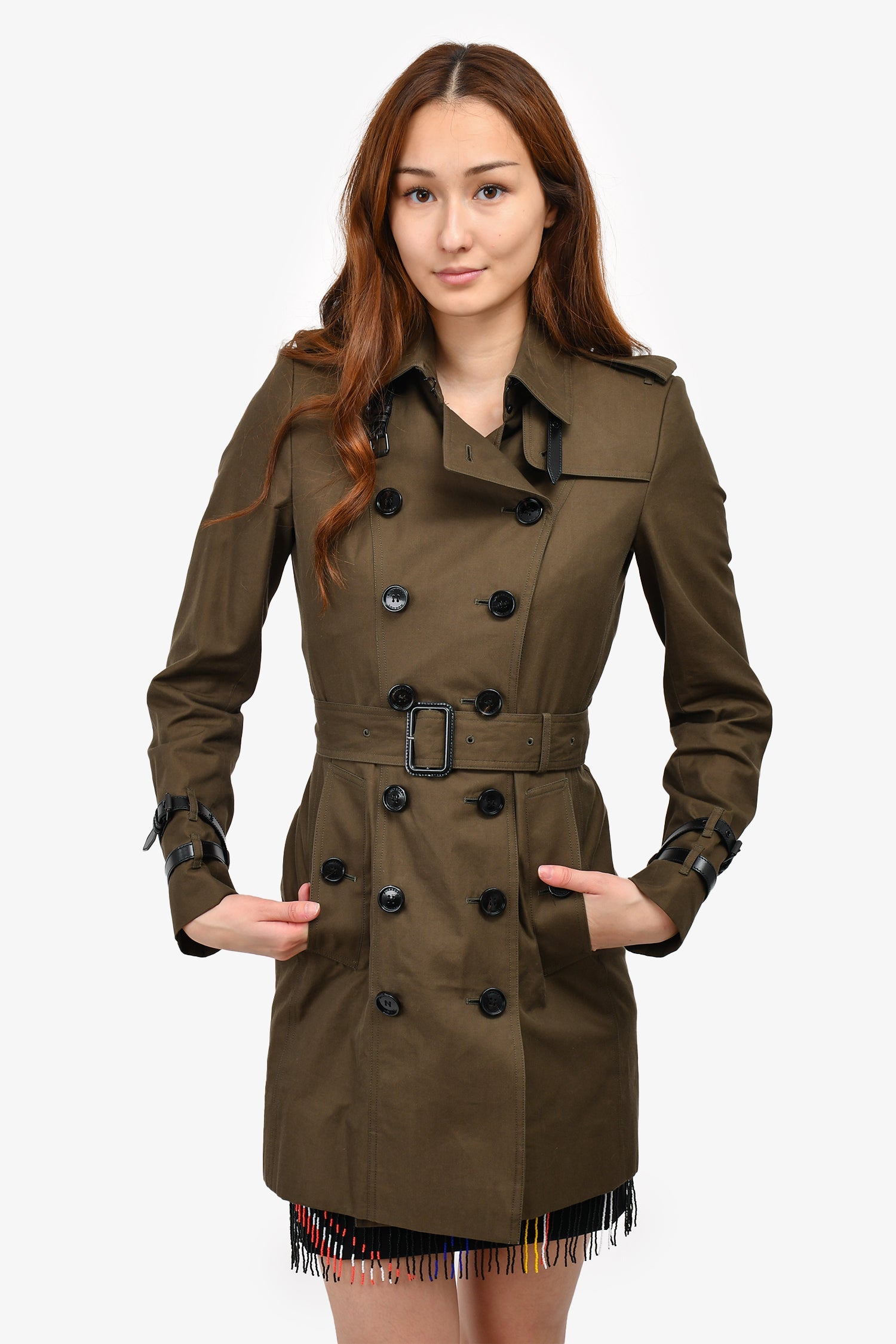 Burberry London Dark Green Leather Detail Trench Coat Size 4