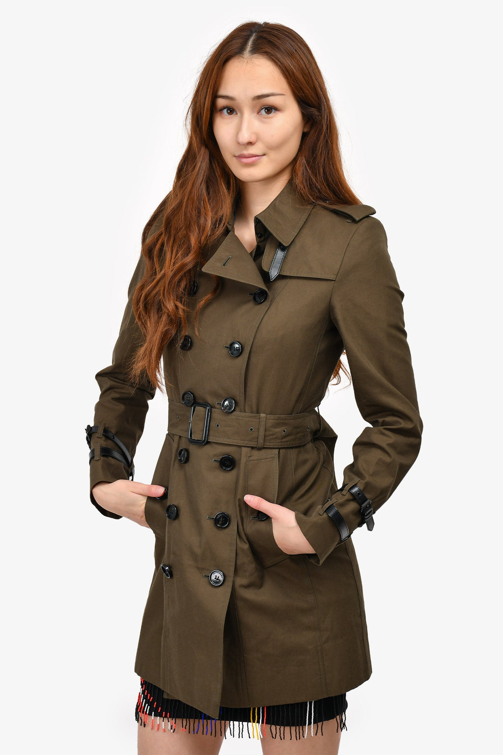 Burberry London Dark Green Leather Detail Trench Coat Size 4
