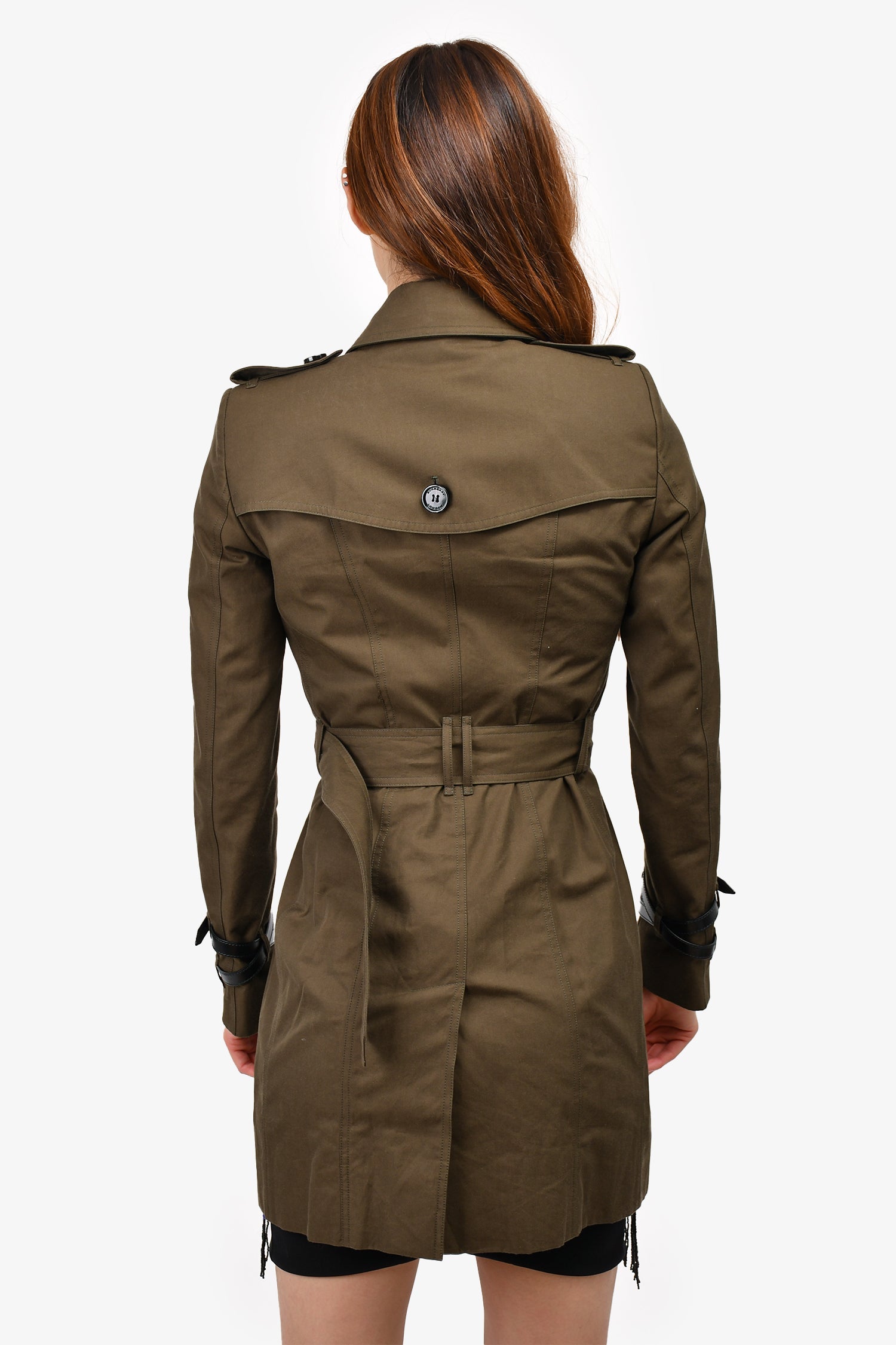 Burberry London Dark Green Leather Detail Trench Coat Size 4