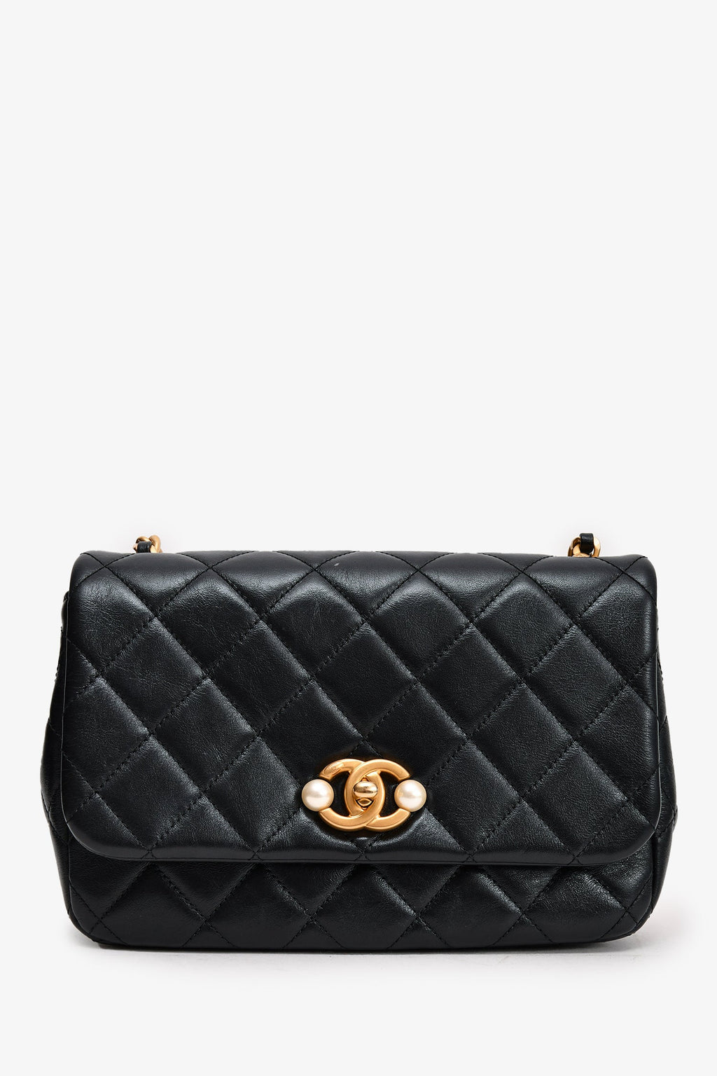 Pre-Loved Chanel™ Black Glazed Leather Pearl Embellished Small Flap Bag