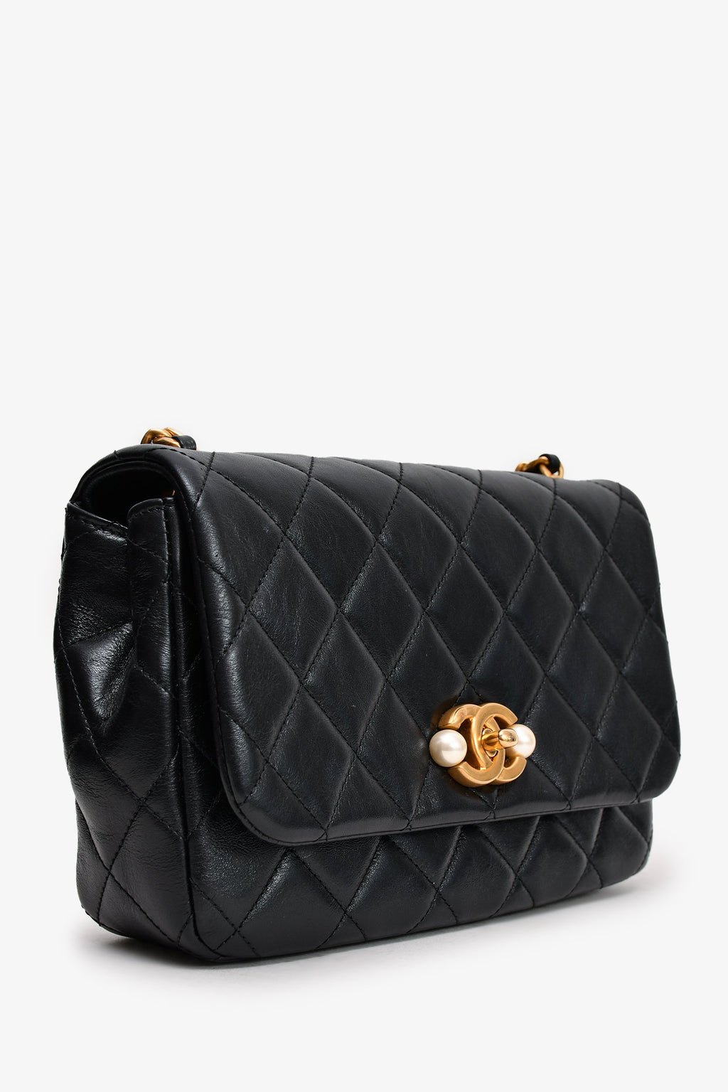 Pre-Loved Chanel™ Black Glazed Leather Pearl Embellished Small Flap Bag