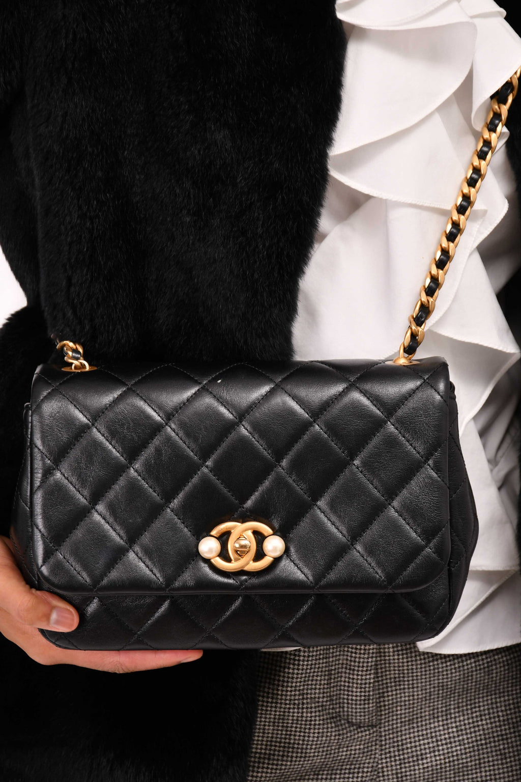 Pre-Loved Chanel™ Black Glazed Leather Pearl Embellished Small Flap Bag