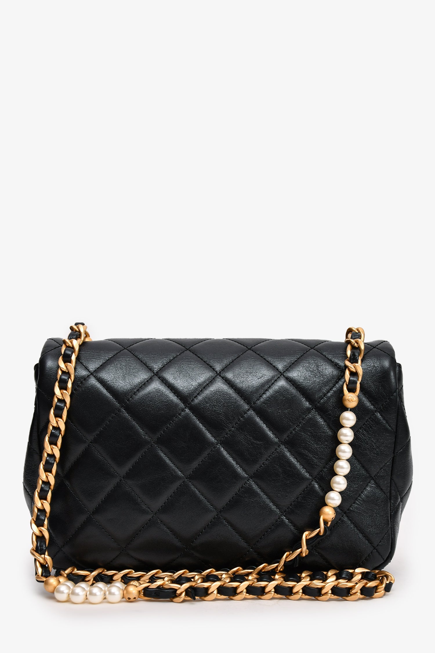 Pre-Loved Chanel™ Black Glazed Leather Pearl Embellished Small Flap Bag