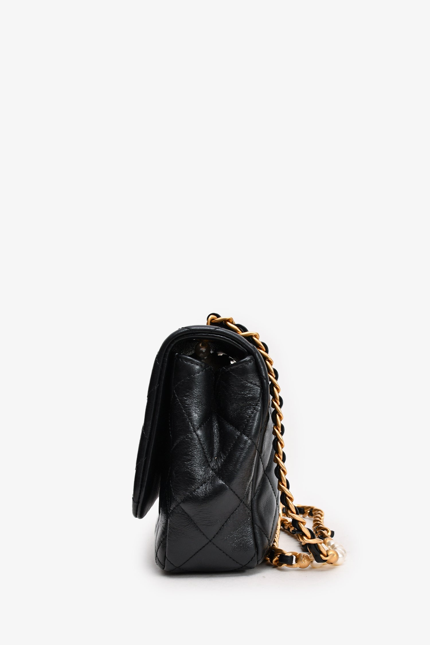 Pre-Loved Chanel™ Black Glazed Leather Pearl Embellished Small Flap Bag