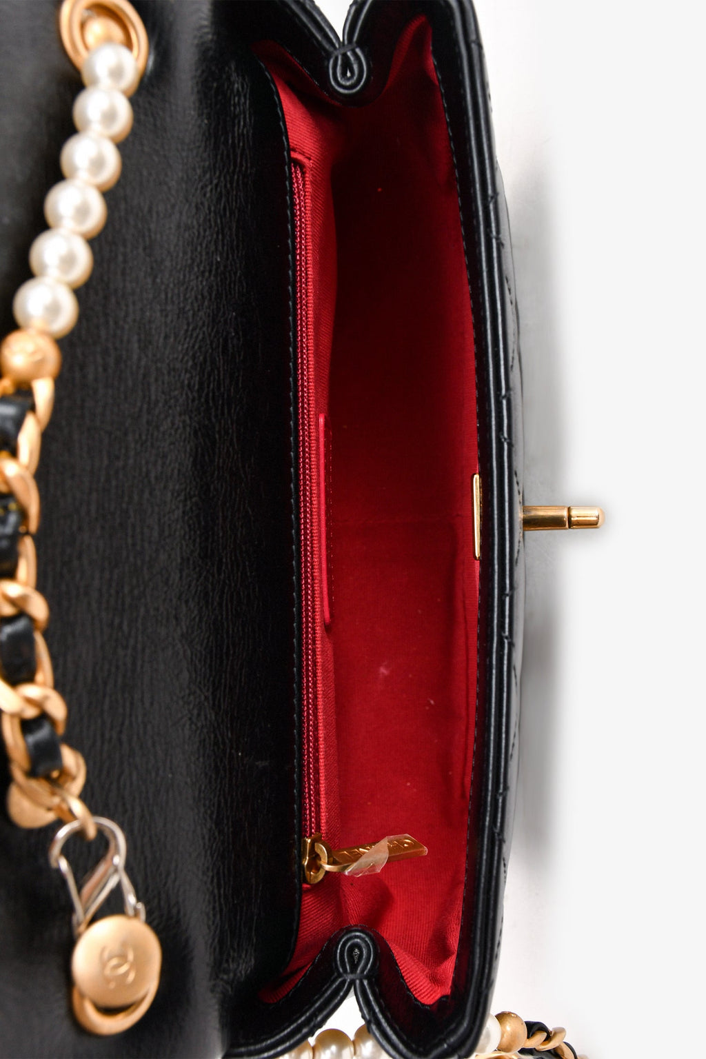 Pre-Loved Chanel™ Black Glazed Leather Pearl Embellished Small Flap Bag