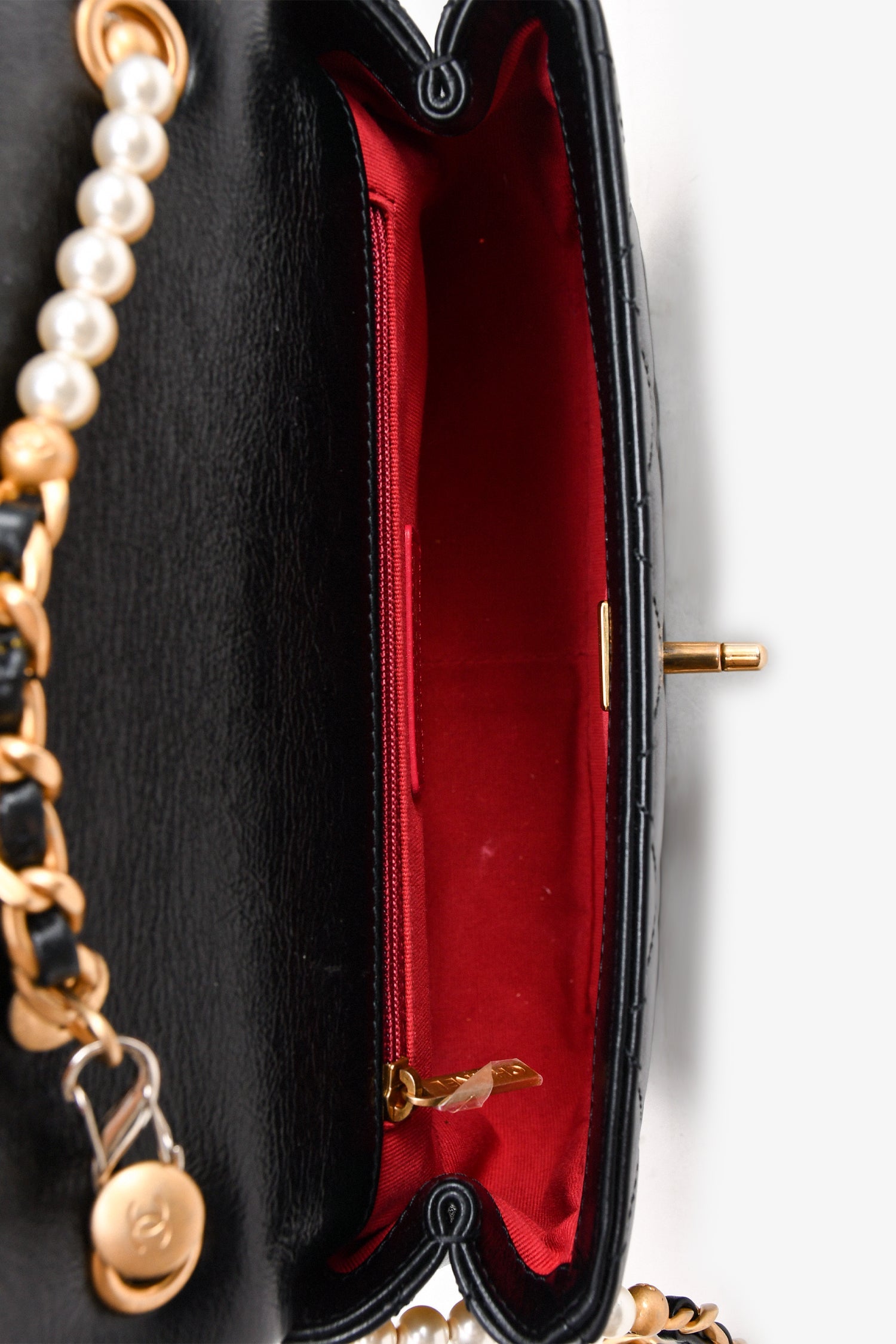Pre-Loved Chanel™ Black Glazed Leather Pearl Embellished Small Flap Bag