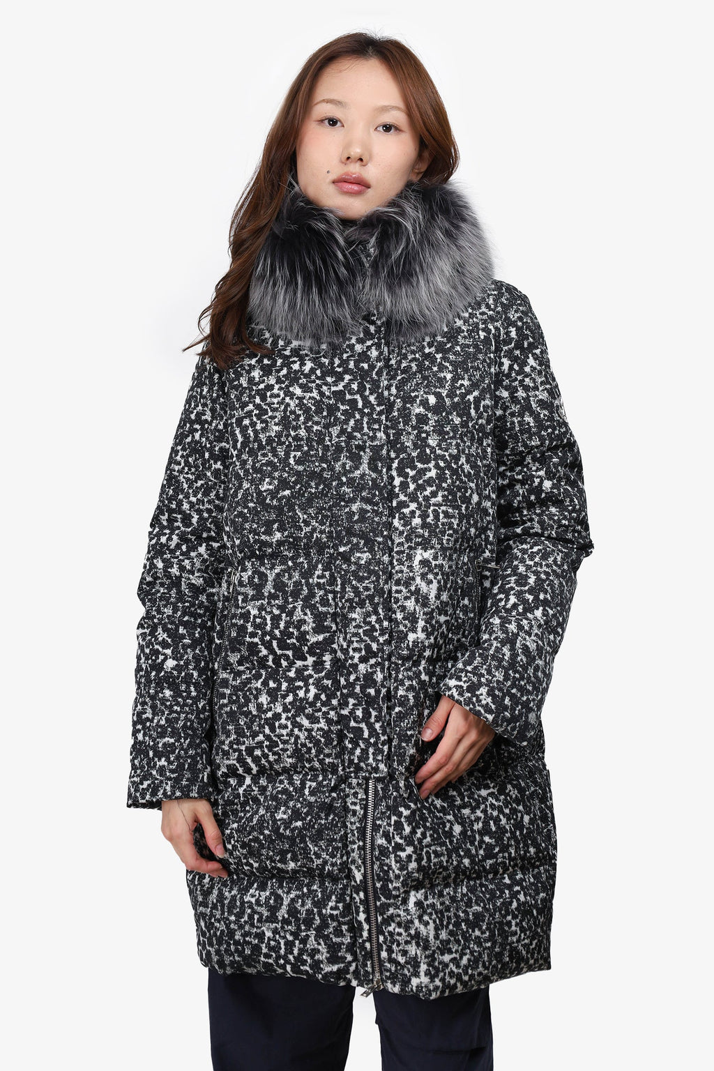 Moncler Black/White Racoon Fur Collar Printed Puffer Coat Size 3