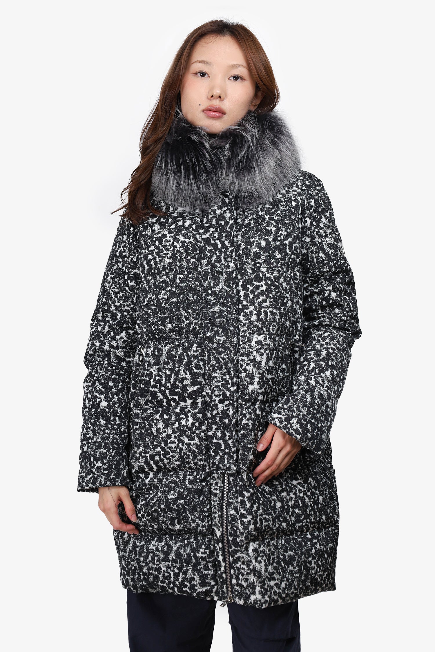 Moncler Black/White Racoon Fur Collar Printed Puffer Coat Size 3