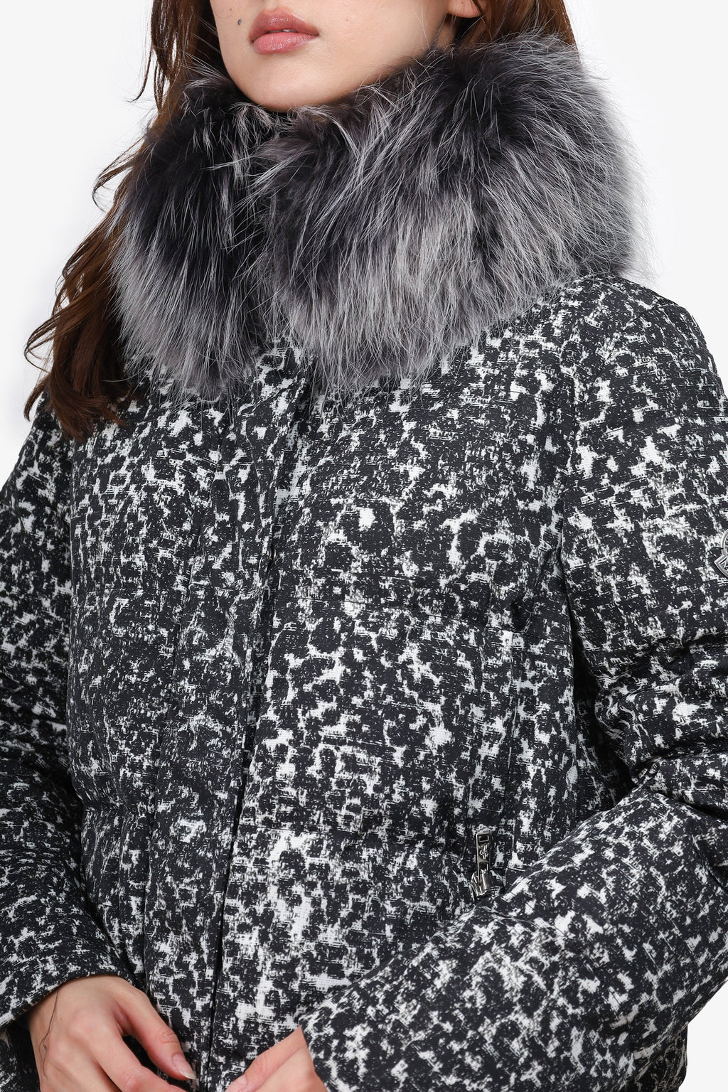 Moncler Black/White Racoon Fur Collar Printed Puffer Coat Size 3