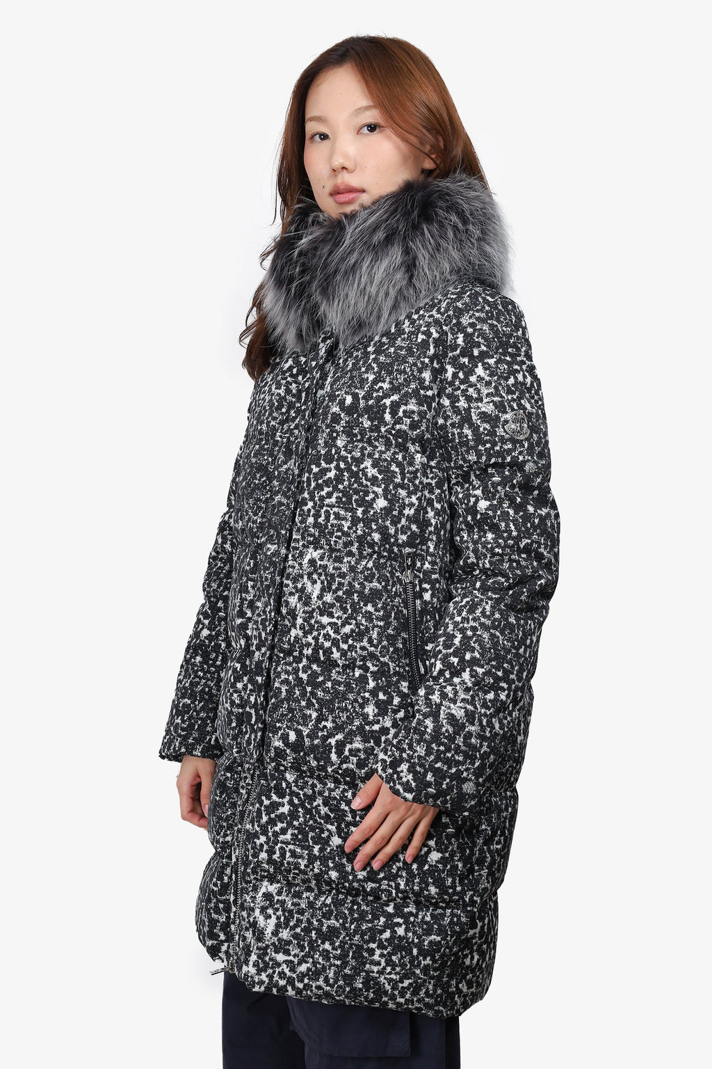 Moncler Black/White Racoon Fur Collar Printed Puffer Coat Size 3