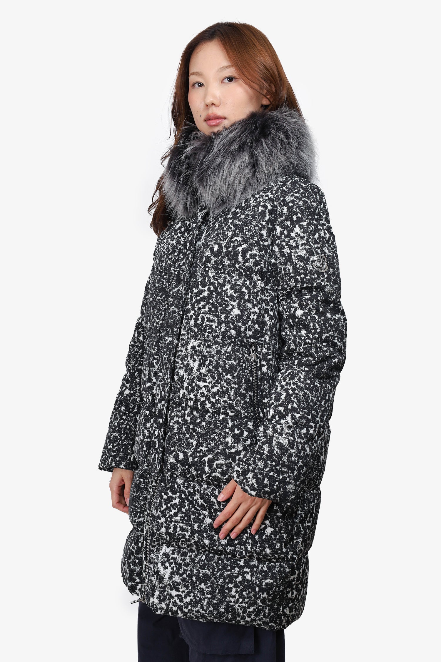 Moncler Black/White Racoon Fur Collar Printed Puffer Coat Size 3