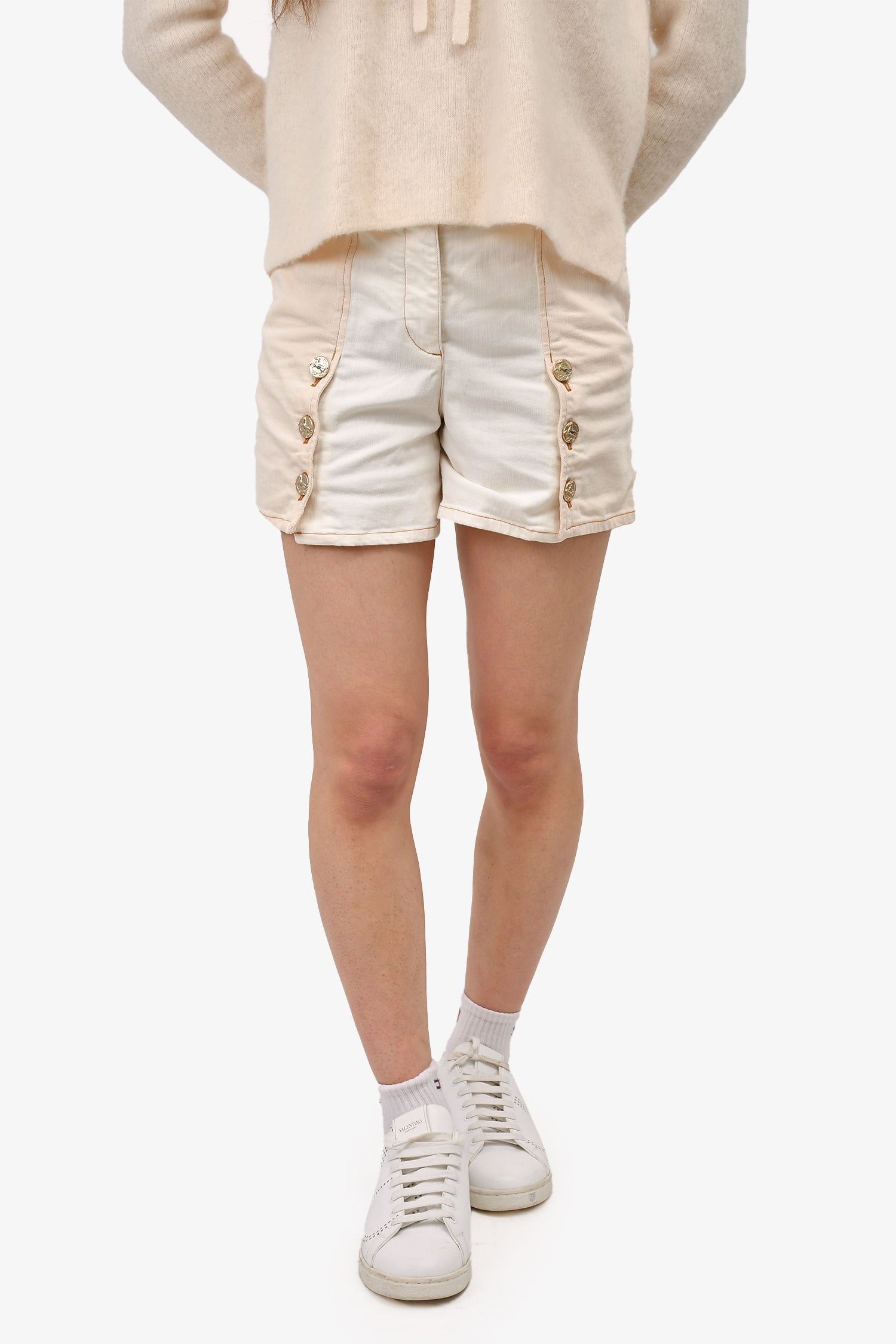Pre-Loved Chanel™ 2018 Beige/White Denim Button Detailed Shorts Size 34