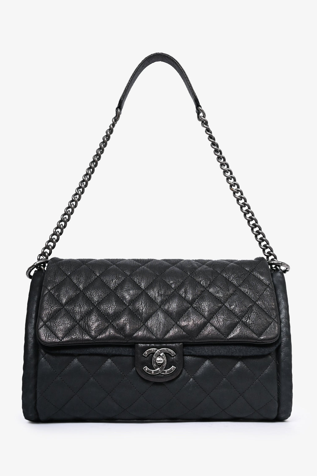 Pre-Loved Chanel™ 2014 Black/Green Washed Lambskin Quilted Studded CC Flap Shoulder Bag