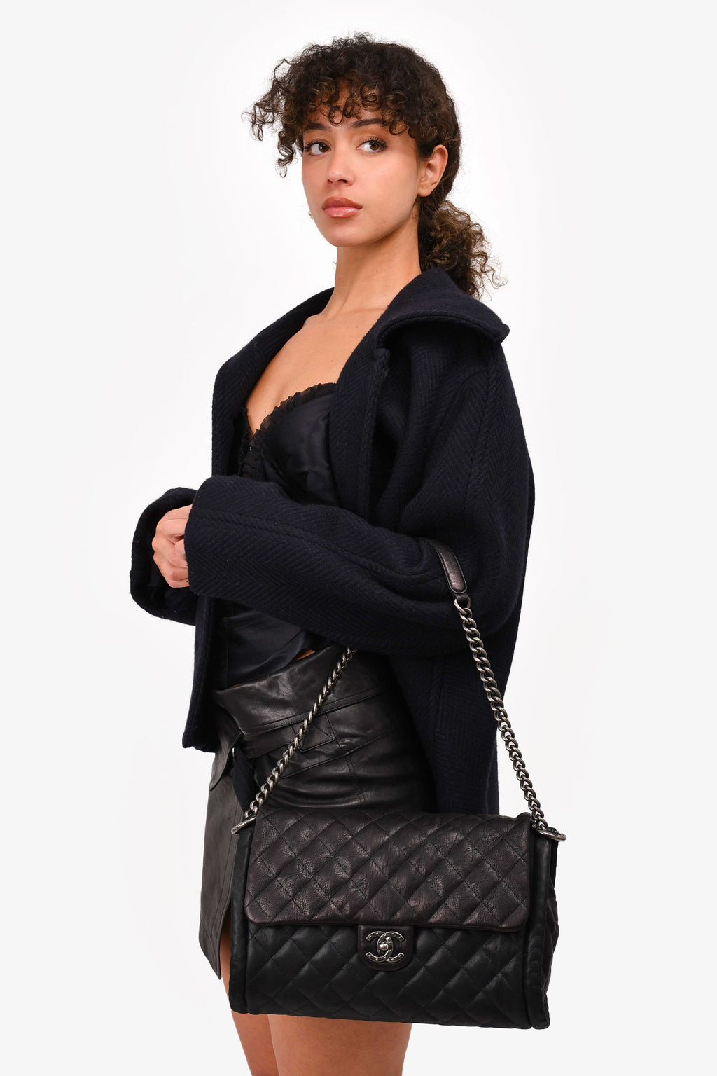 Pre-Loved Chanel™ 2014 Black/Green Washed Lambskin Quilted Studded CC Flap Shoulder Bag