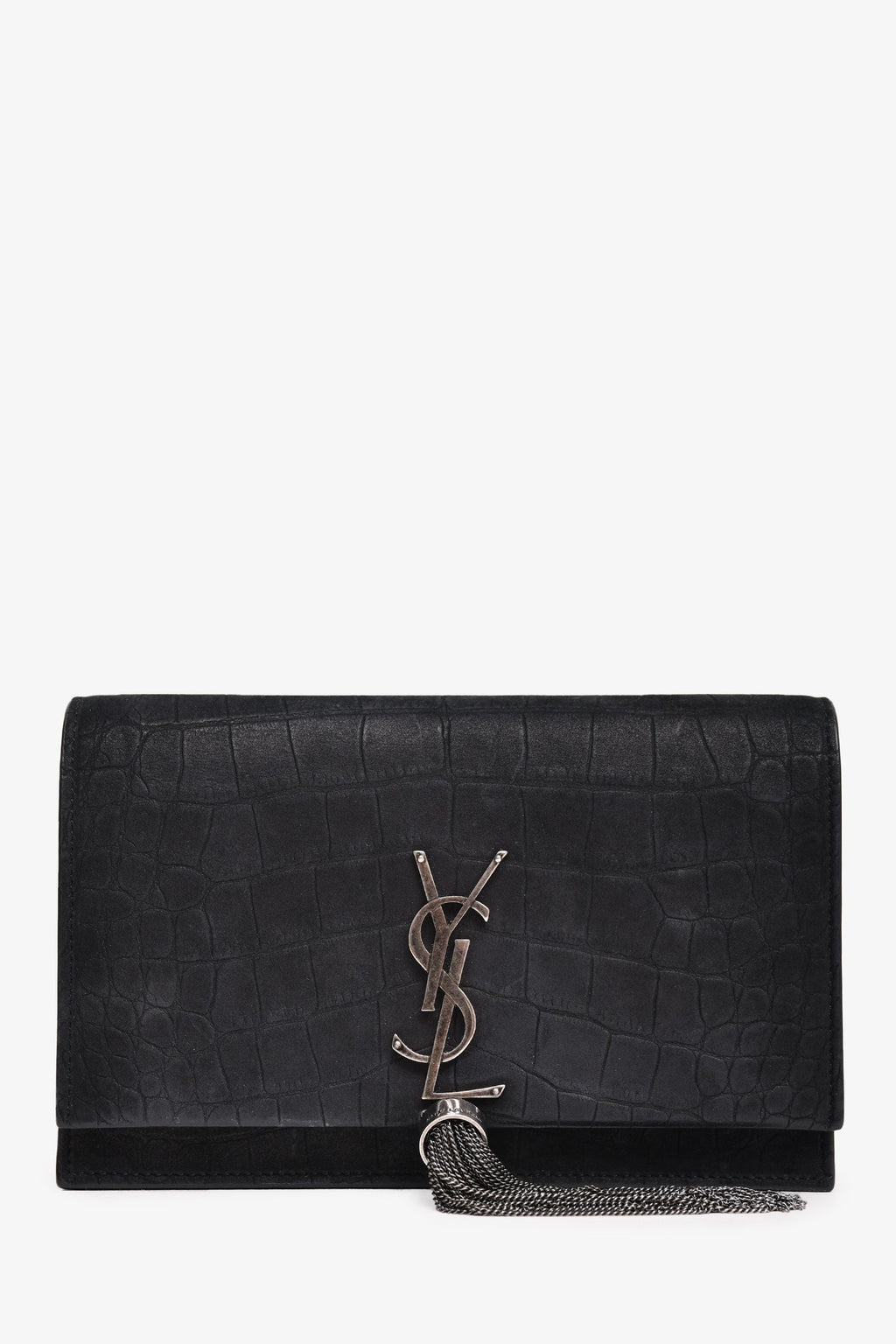 Saint Laurent Black Croc Embossed Leather Small Wallet on Chain