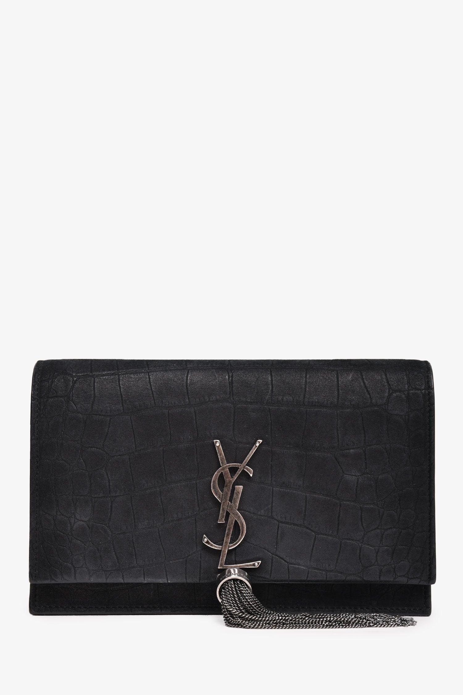 Saint Laurent Black Croc Embossed Leather Small Wallet on Chain