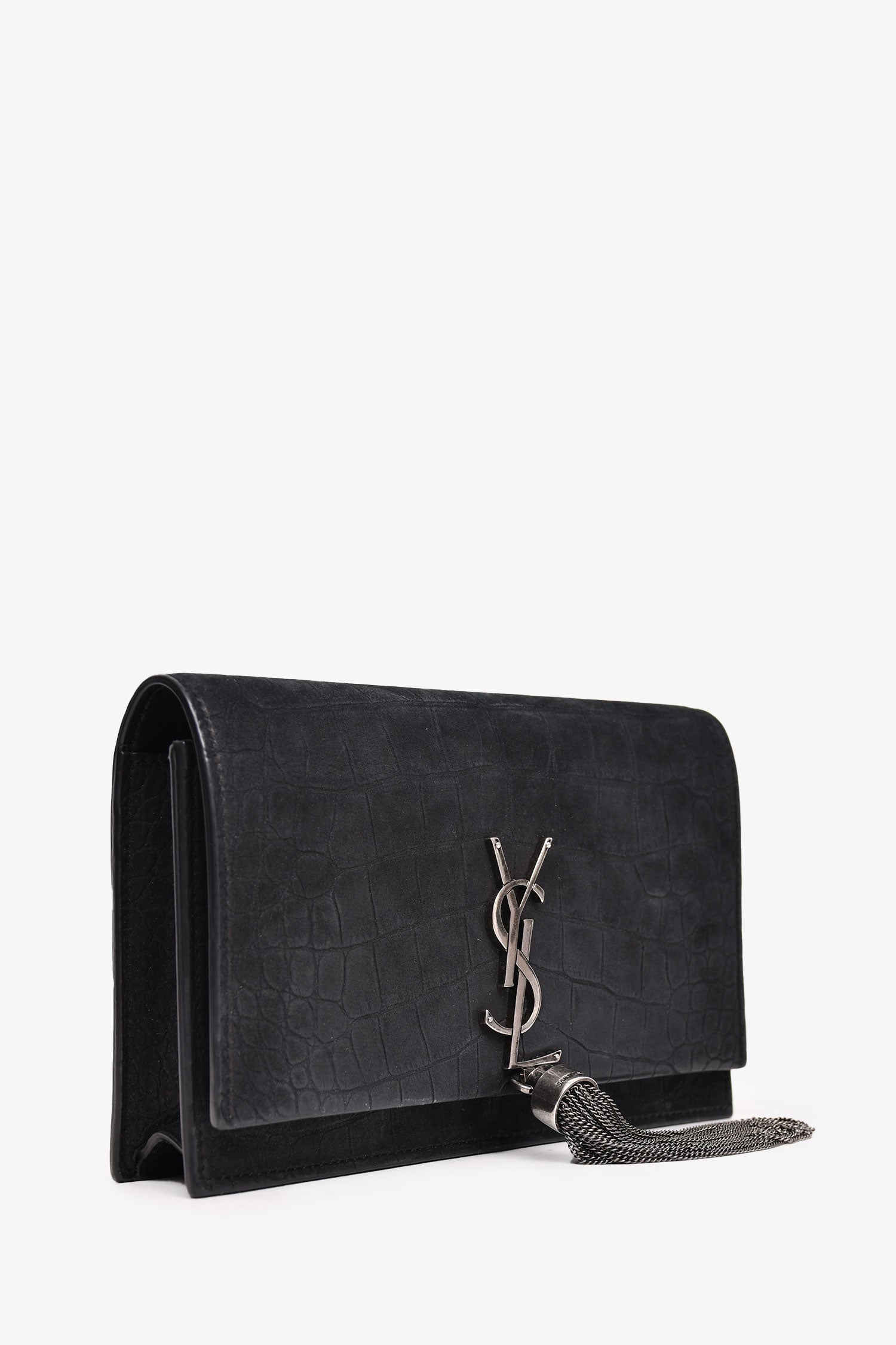 Saint Laurent Black Croc Embossed Leather Small Wallet on Chain