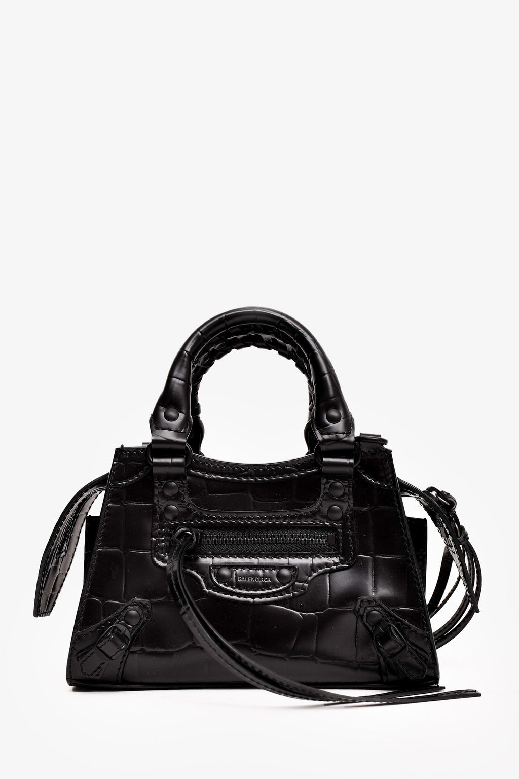 Balenciaga 2021 Black Croc Embossed Leather Neo Classic Nano City Bag