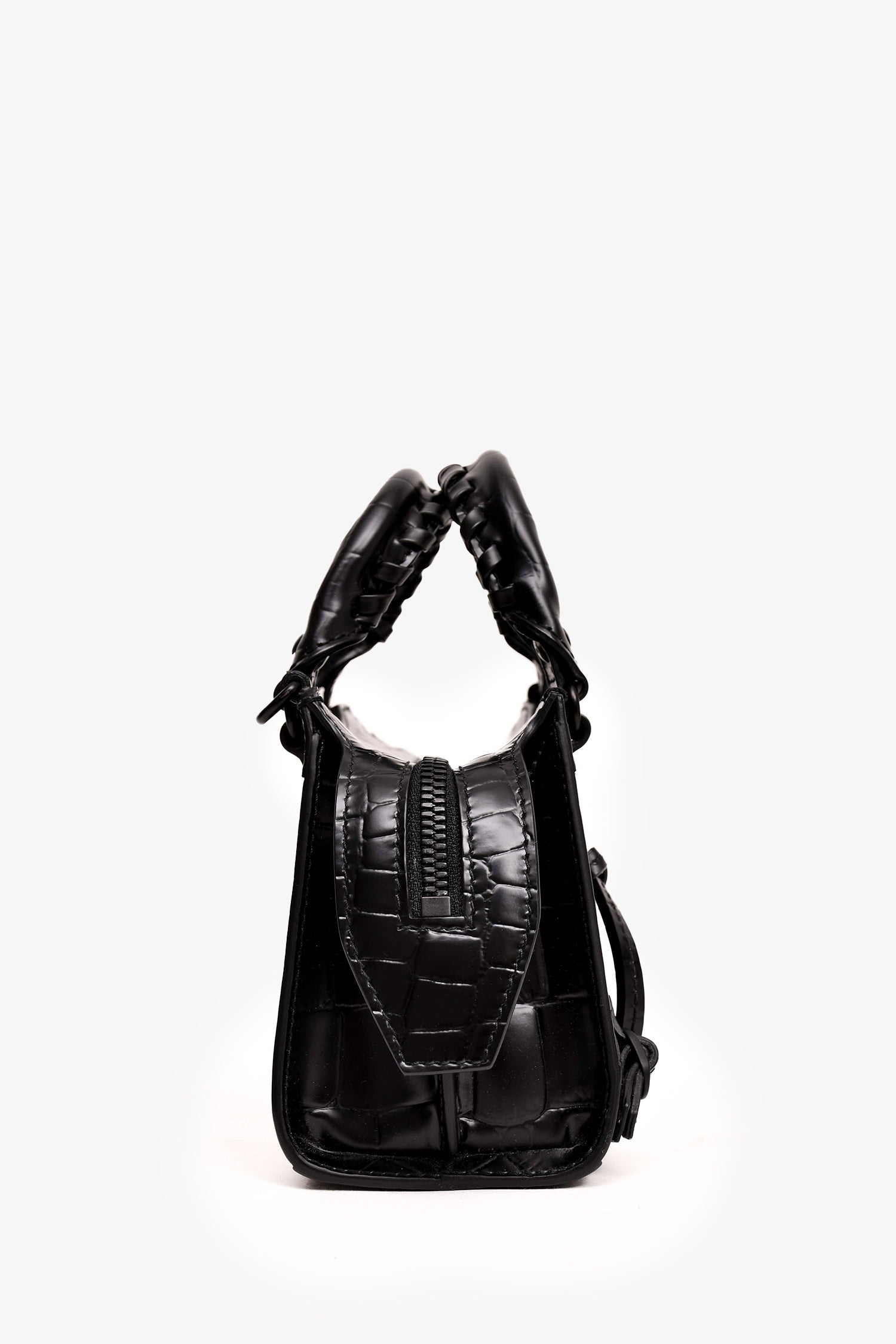 Balenciaga 2021 Black Croc Embossed Leather Neo Classic Nano City Bag