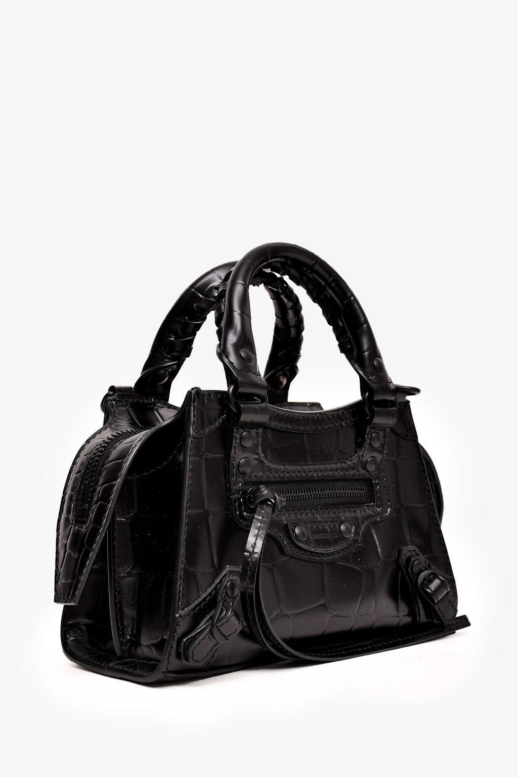 Balenciaga 2021 Black Croc Embossed Leather Neo Classic Nano City Bag