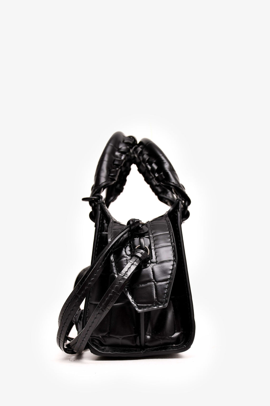 Balenciaga 2021 Black Croc Embossed Leather Neo Classic Nano City Bag