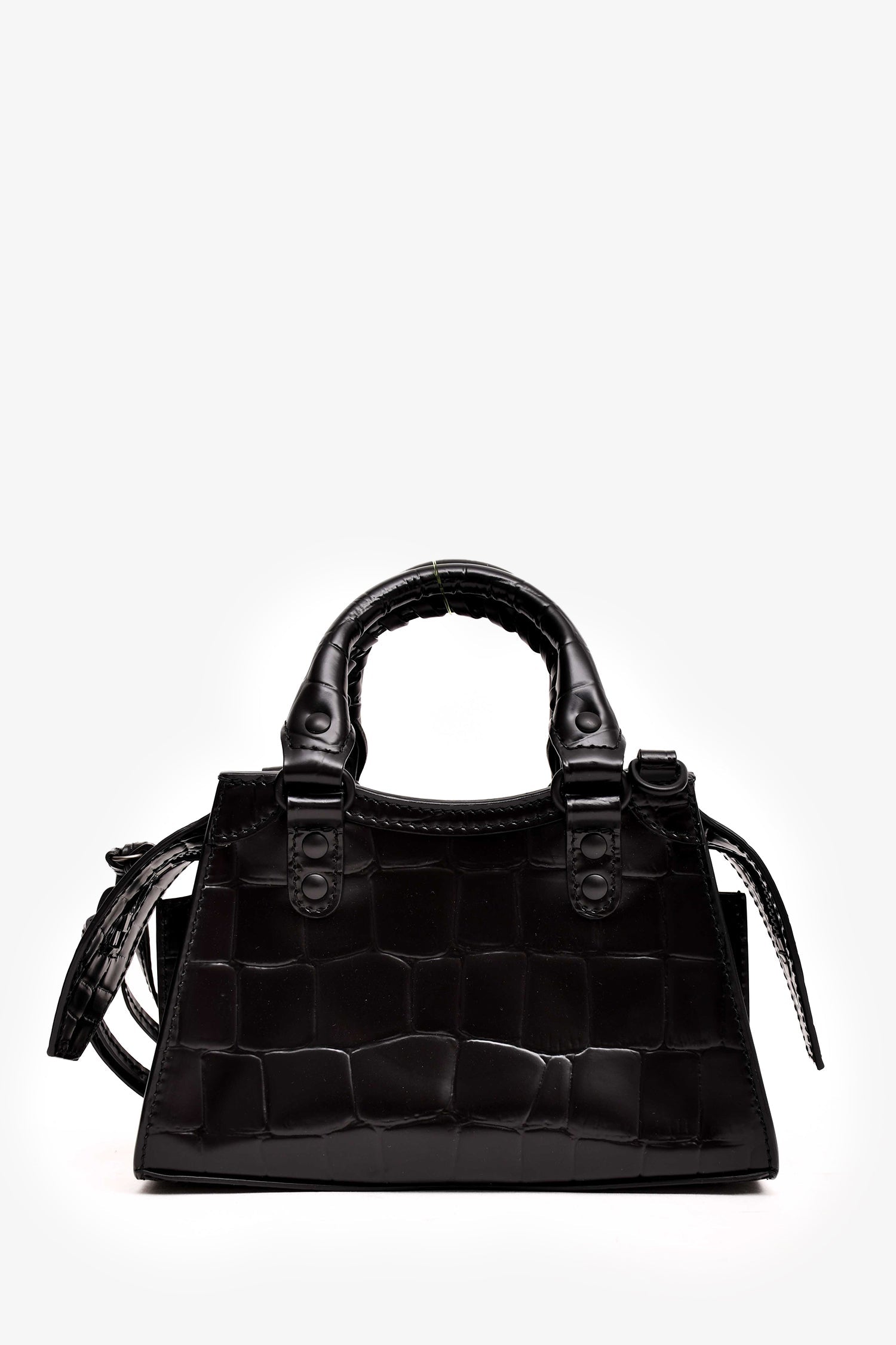 Balenciaga 2021 Black Croc Embossed Leather Neo Classic Nano City Bag