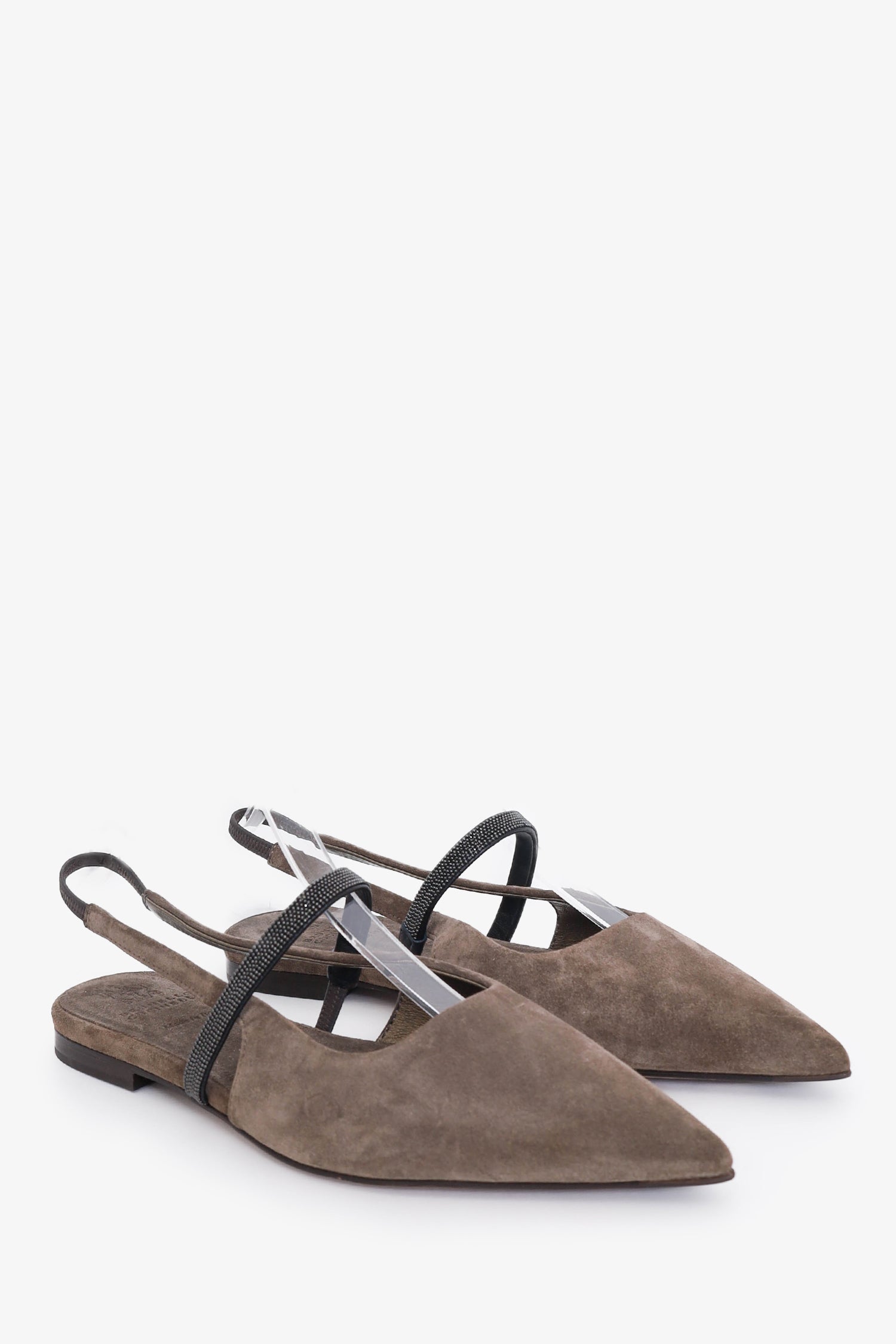 Brunello Cucinelli Taupe Crystal Detail Pointed Flats Size 36.5