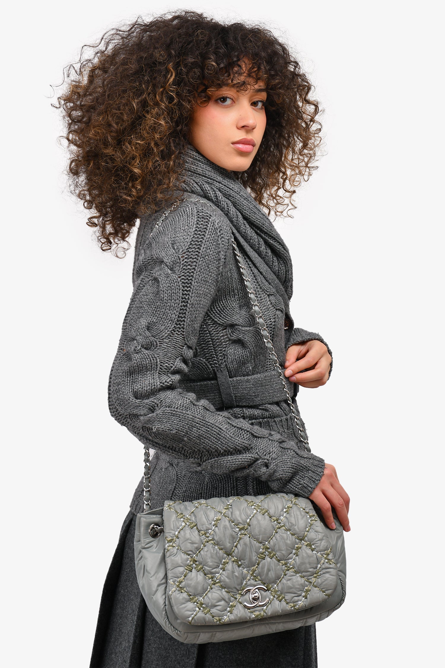 Pre-Loved Chanel™ 2011 Pale Green Nylon Paris-Byzance 'Tweed on Stitch' Bubble Flap Shoulder Bag