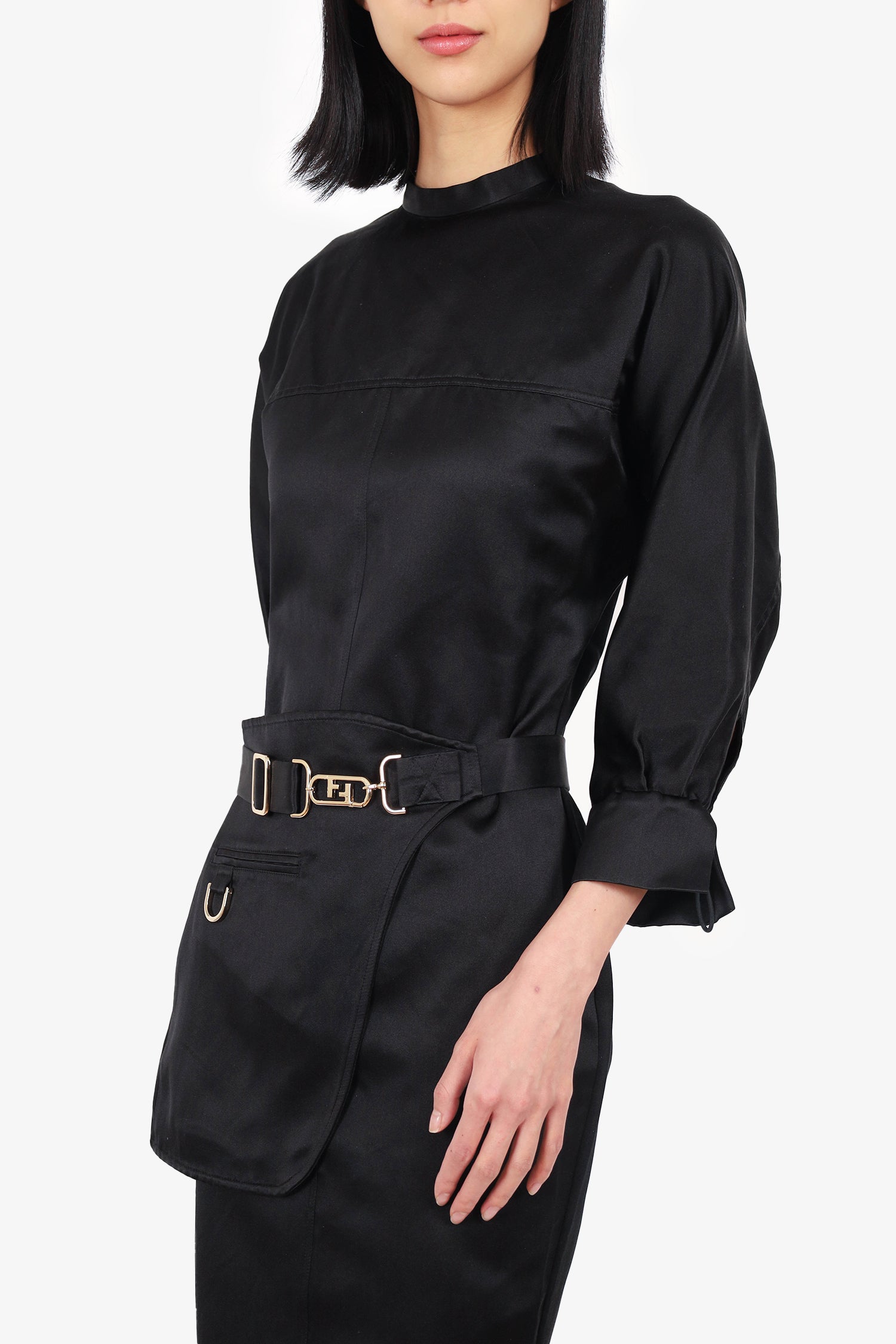 Fendi Black Silk Belted Long-Sleeved Midi Dress Size 40