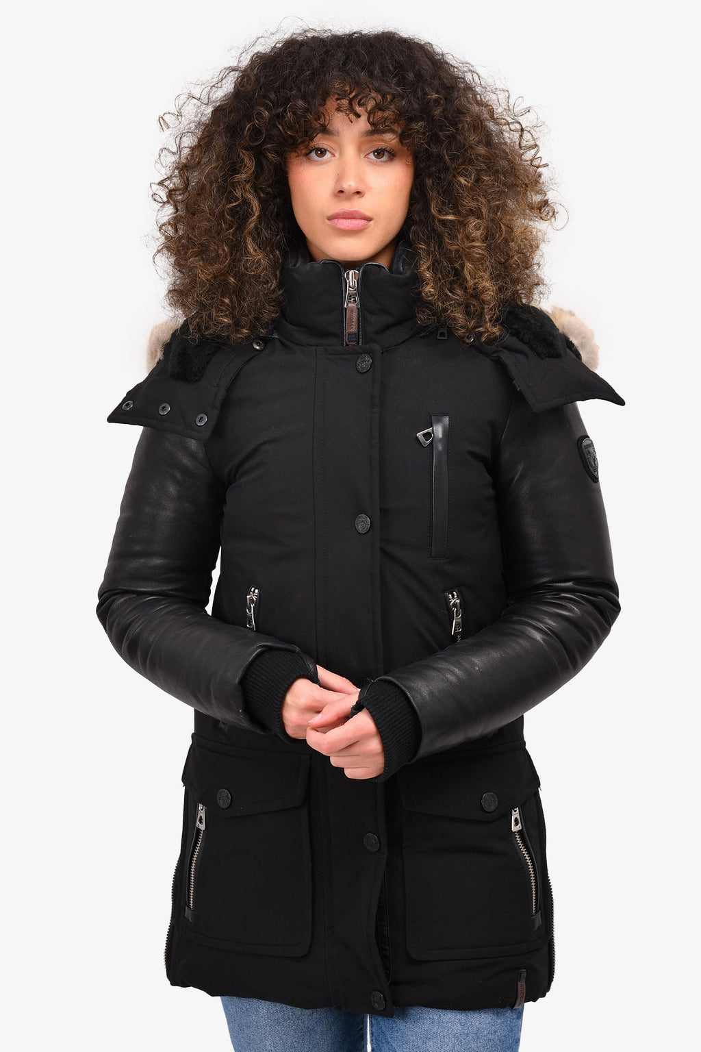 Rudsak Black Down Leather/Fur Trim Hooded Jacket Size XS