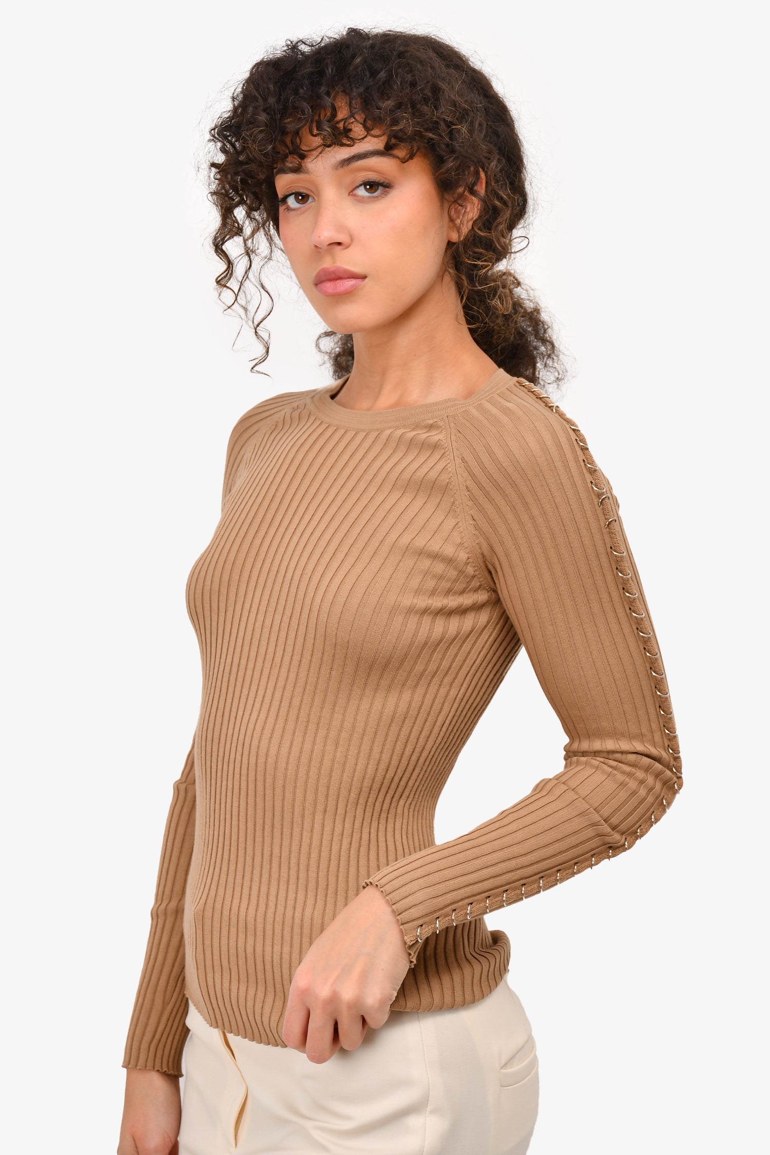 Alexander Wang Brown Cotton Hoop Detailed Ribbed Sweater Size S