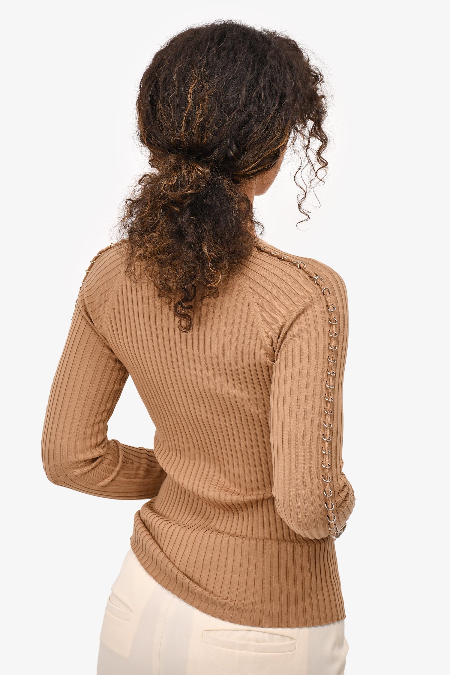Alexander Wang Brown Cotton Hoop Detailed Ribbed Sweater Size S