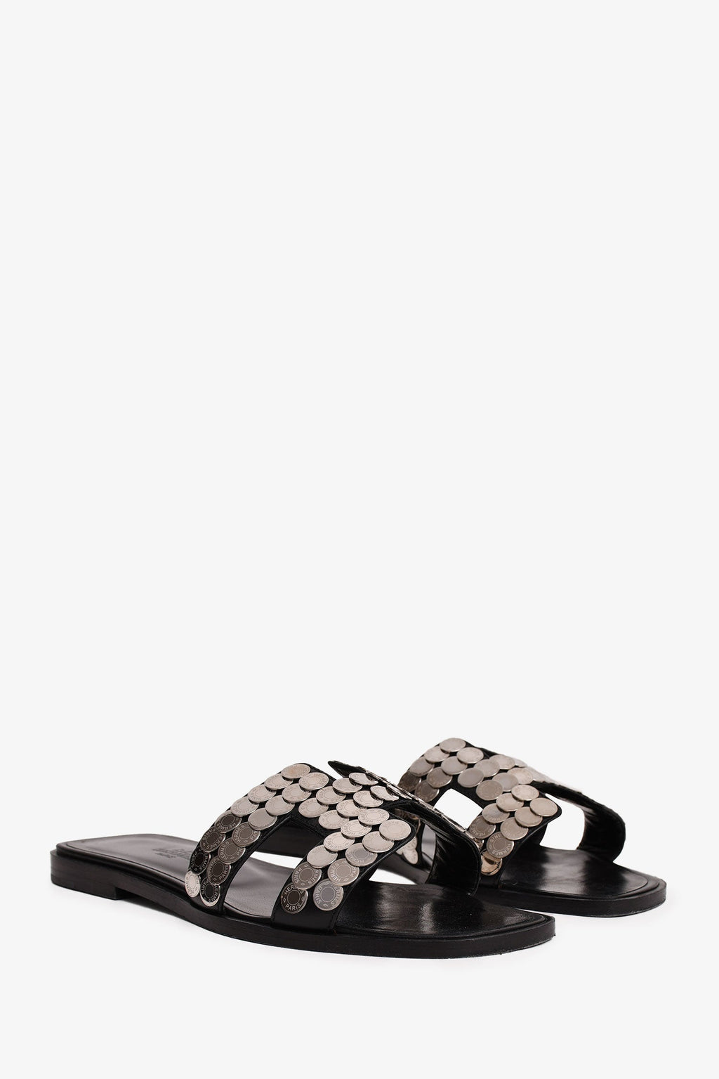 Hermès Black/Silver Clou de Selle Oran Sandals Size 36