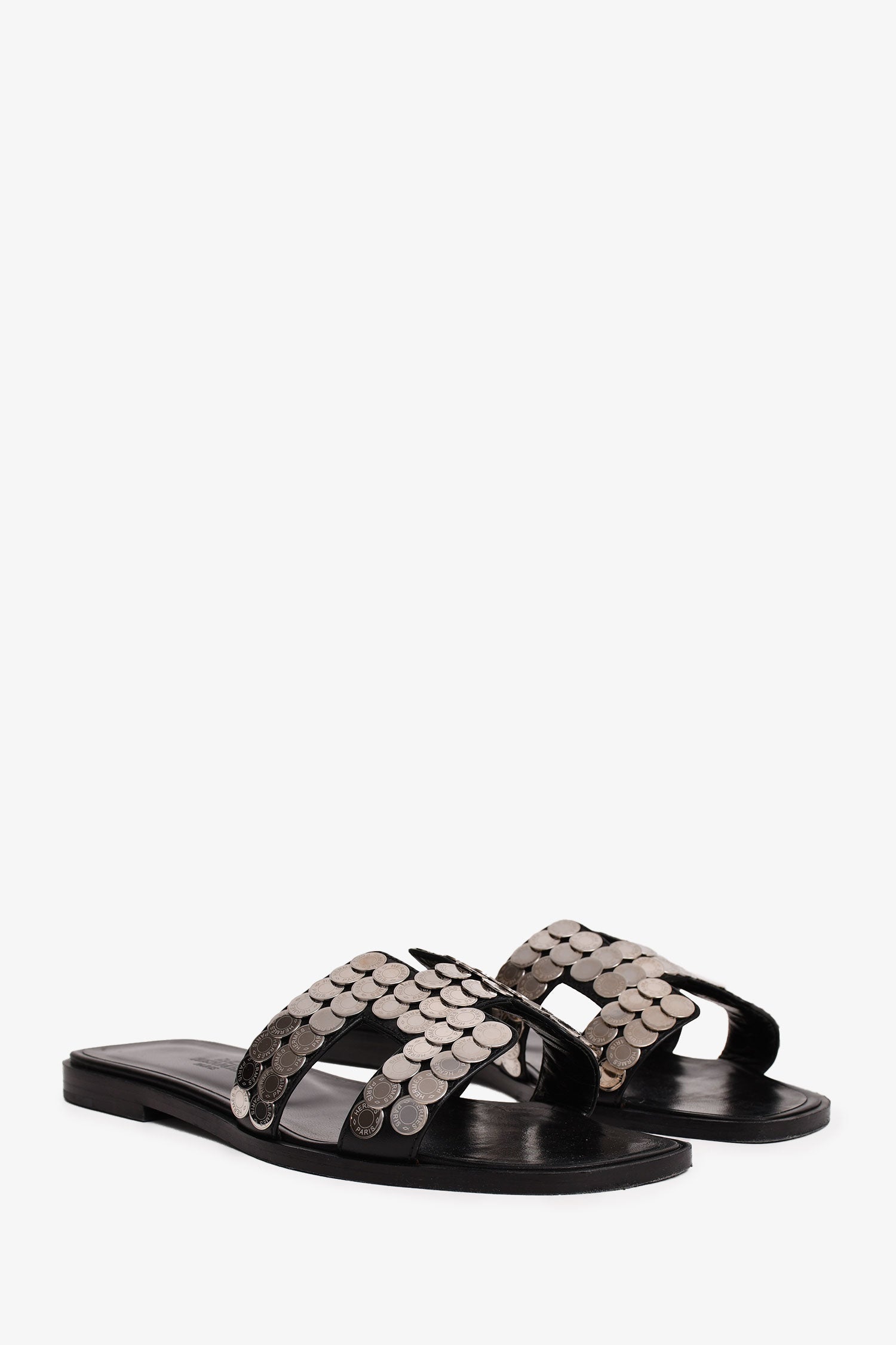 Hermès Black/Silver Clou de Selle Oran Sandals Size 36