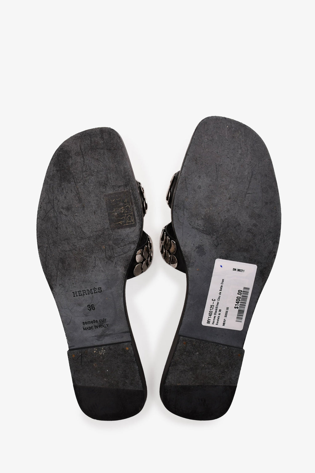 Hermès Black/Silver Clou de Selle Oran Sandals Size 36