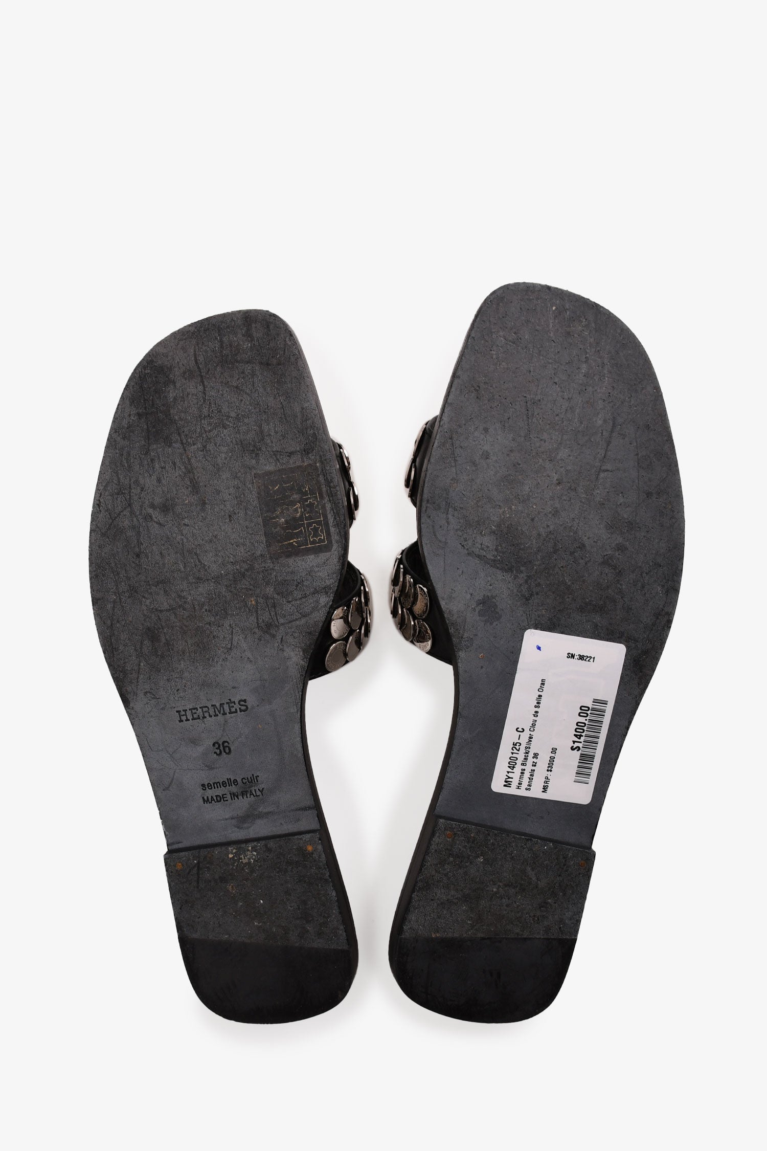 Hermès Black/Silver Clou de Selle Oran Sandals Size 36
