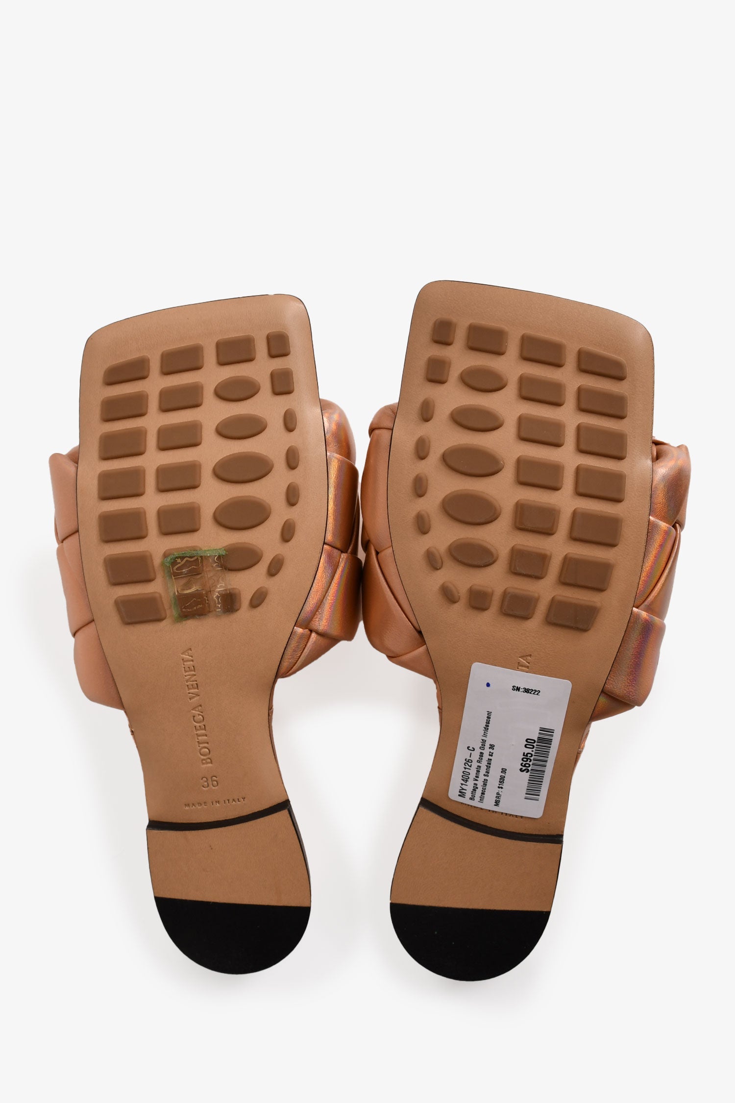 Bottega Veneta Rose Gold Iridescent Intrecciato Sandals Size 36