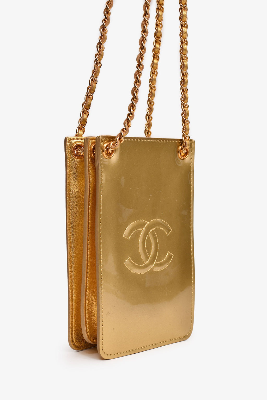 Pre-Loved Chanel™ 2014 Gold Patent Timeless CC Phone Holder