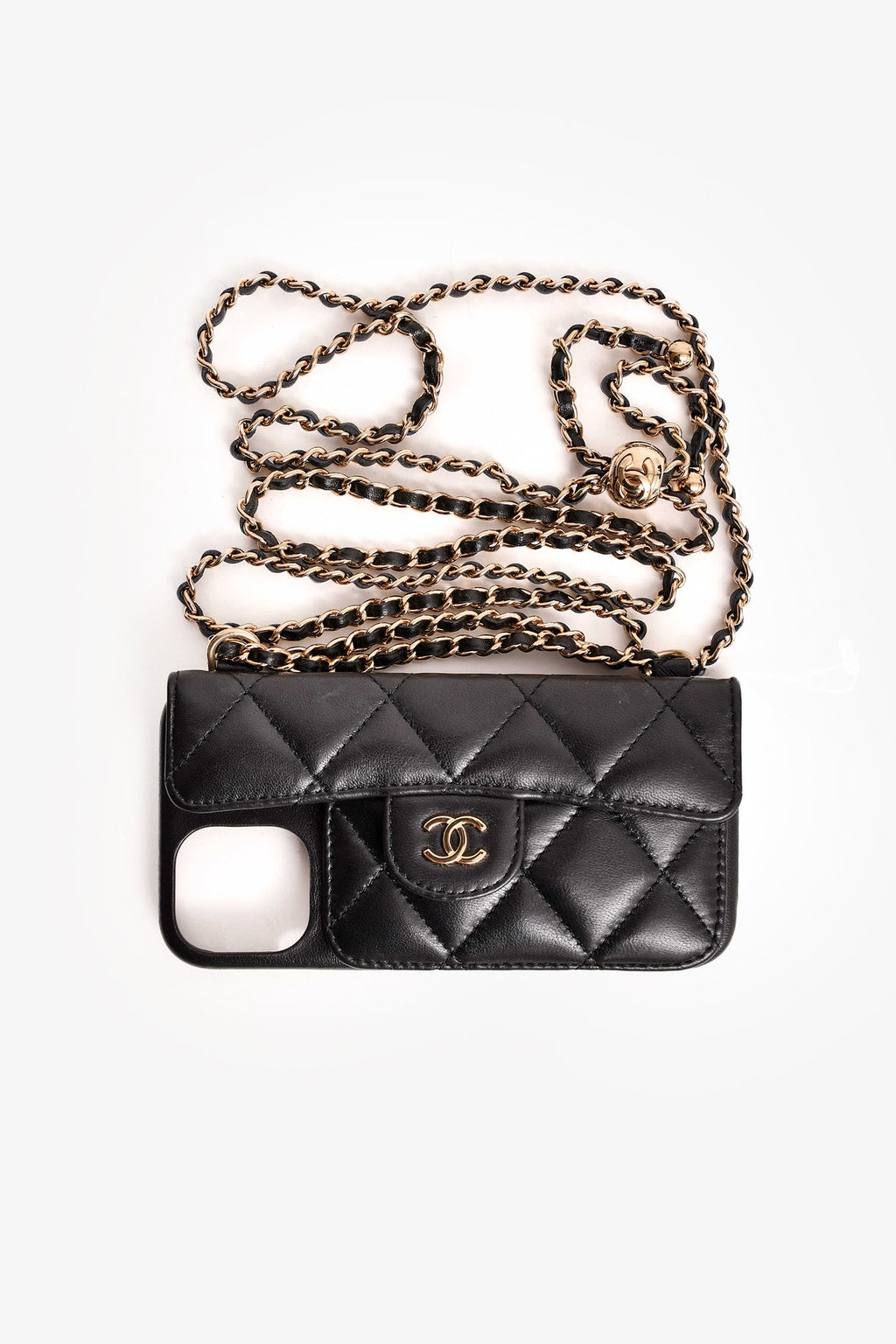 Pre-Loved Chanel 2020 Black Lambskin iPhone Case on Chain with  Pocket