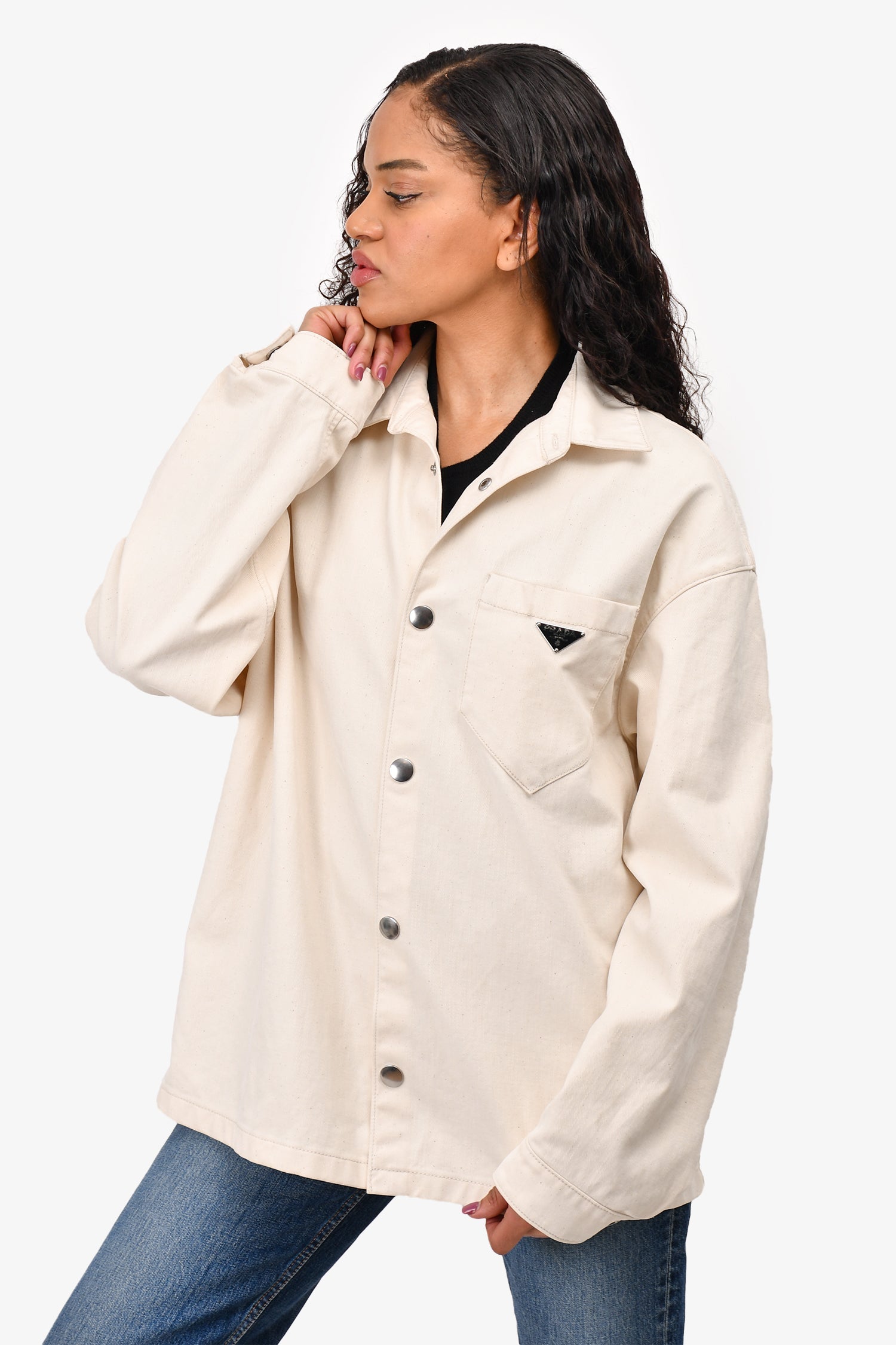 Prada Cream Triangle Logo Denim Jacket Size L Mens